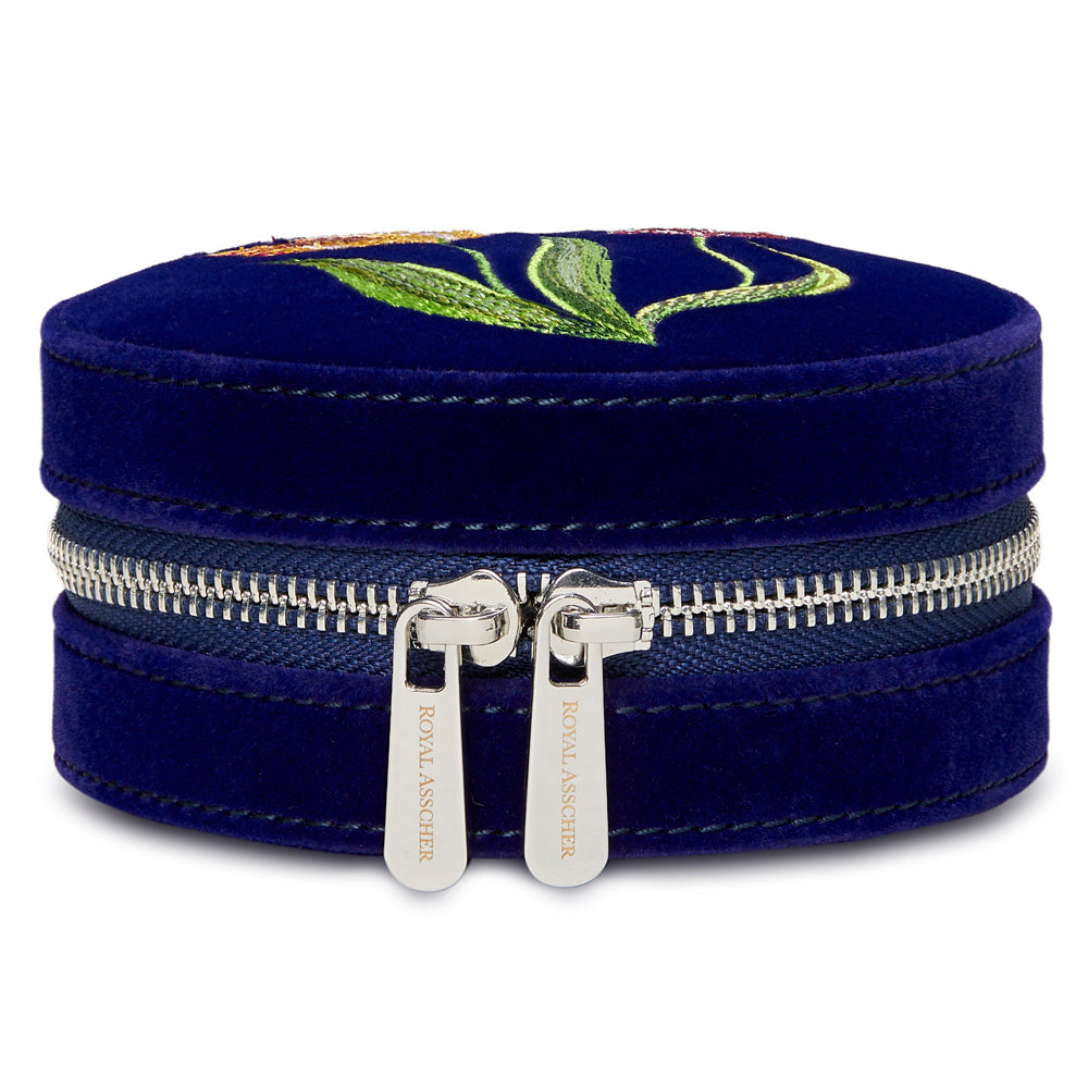Royal Asscher Round  Jewelry Zip Case by Wolf available at Talisman Collection Fine Jewelers in El Dorado Hills, CA and online. Royal Asscher Diamond Company Square Jewellery Zip Case features deep blue velvet with elaborate tulip embroidery exterior, mirror, storage and hidden necklace hook section to organise your jewellery in style. Includes LusterLoc™ anti-tarnish lining and silver finish zip and details.