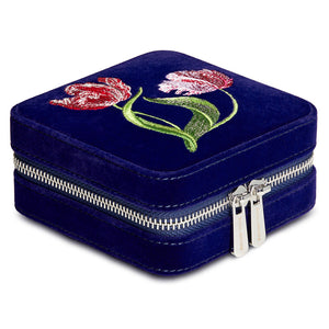 Royal Asscher Square Jewelry Zip Case by Wolf available at Talisman Collection Fine Jewelers in El Dorado Hills, CA and online. Royal Asscher Diamond Company Square Jewellery Zip Case features deep blue velvet with elaborate tulip embroidery exterior, mirror, storage and hidden necklace hook section to organise your jewellery in style. Includes LusterLoc™ anti-tarnish lining and silver finish zip and details.