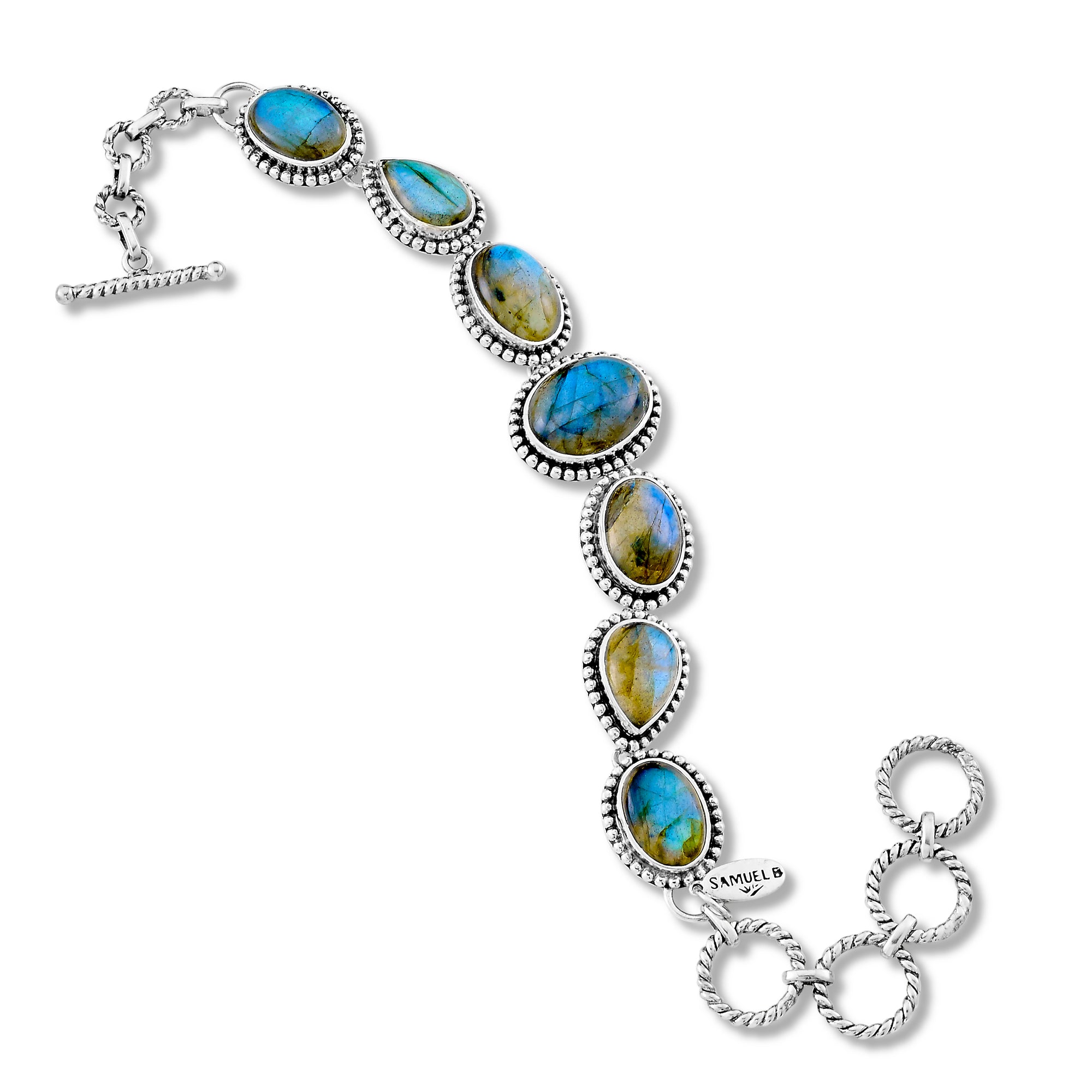 Labradorite Tampomas Bracelet available at Talisman Collection Fine Jewelers in El Dorado Hills, CA and online. Specs: Labradorite Tampomas Bracelet features 7 iridescent labradorite stones set in sterling silver. 