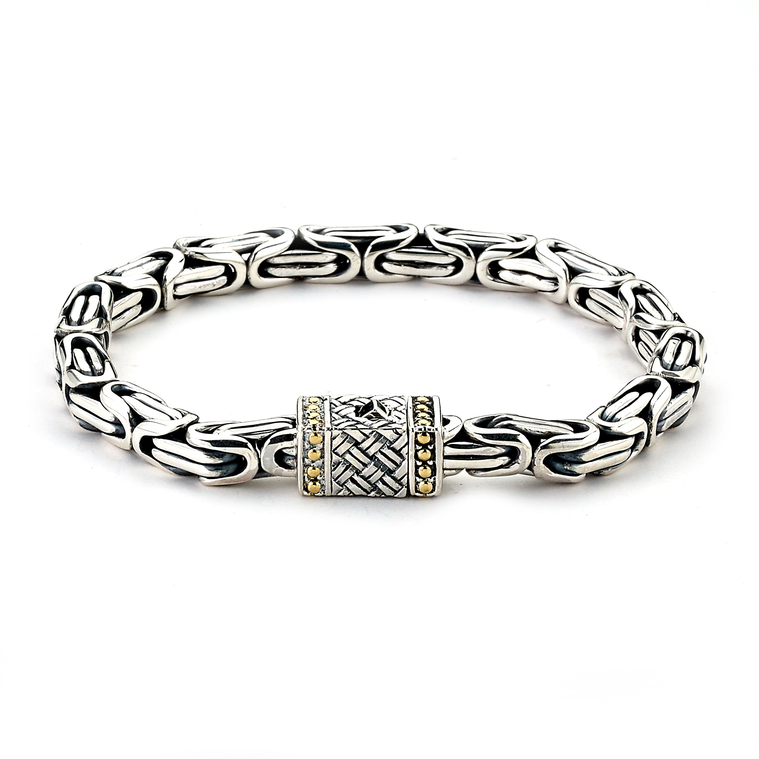 Embargo Bracelet available at Talisman Collection Fine Jewelers in El Dorado Hills, CA and online. Specs: Embargo Bracelet crafted in Sterling Silver and 18k gold features a Byzantine design with box lock. 8" long.