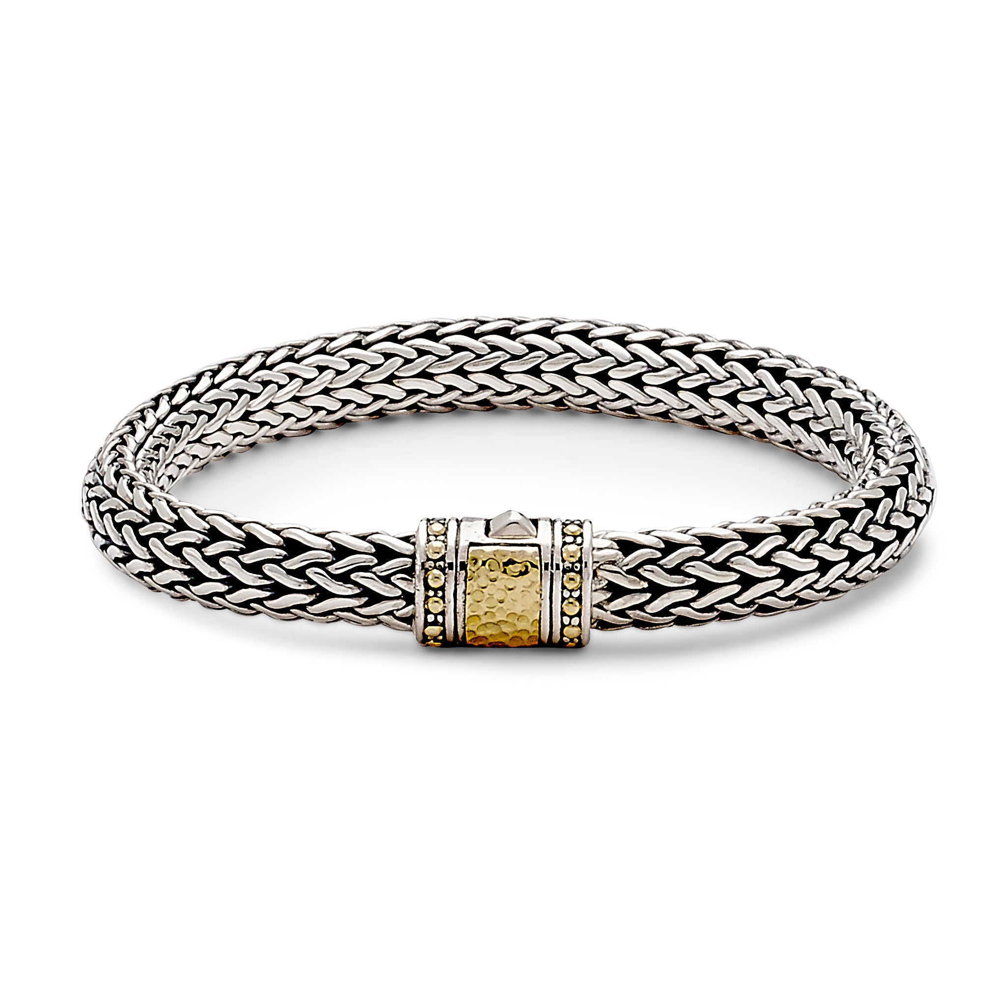 Emas Bracelet available at Talisman Collection Fine Jewelers in El Dorado Hills, CA and online. Specs: Emas Bracelet crafted in Sterling Silver and 18k hammered gold, 6x8mm, 8".