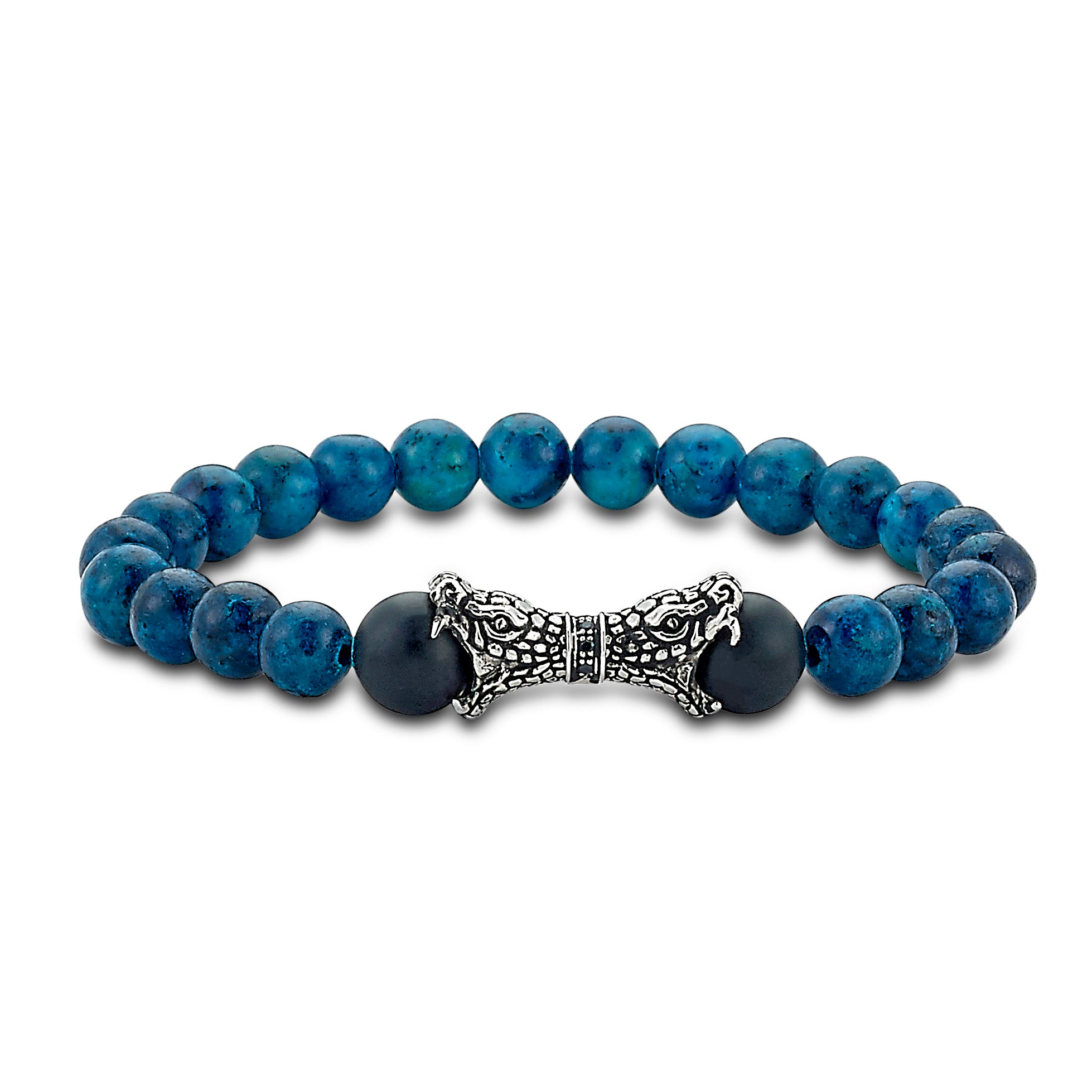Tarakan Chrysocolla Bracelet available at Talisman Collection Fine Jewelers in El Dorado Hills, CA and online. Specs: Tarakan Bracelet features Sterling Silver dragons and chrysocolla beads. Bracelet measures 10mm wide. 