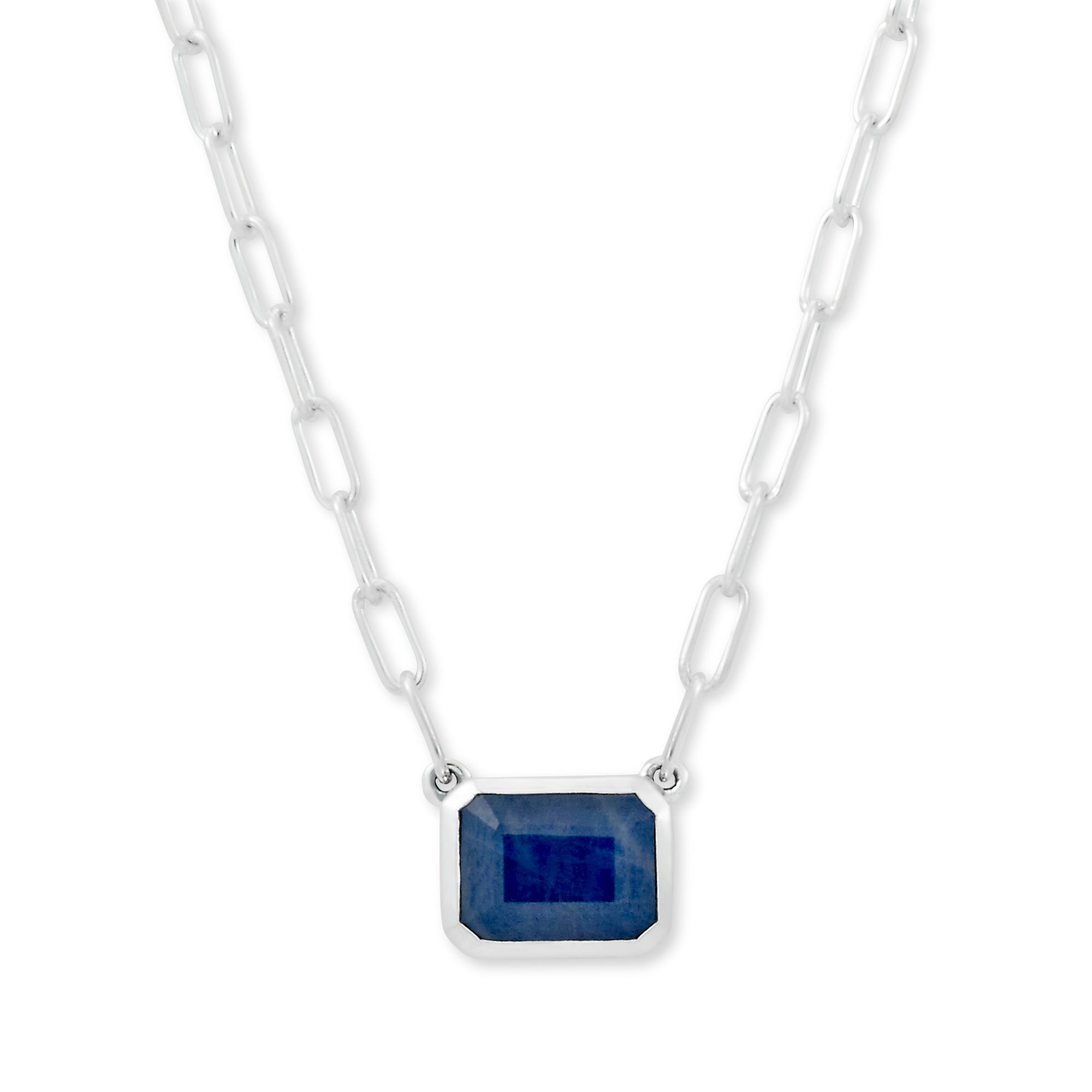 Blue Sapphire Eirini Necklace available at Talisman Collection Fine Jewelers in El Dorado Hills, CA and online. Specs: Blue Sapphire Eirini Necklace features an emerald-cut blue sapphire solitaire measuring 7x9mm, and is set in Sterling Silver. 