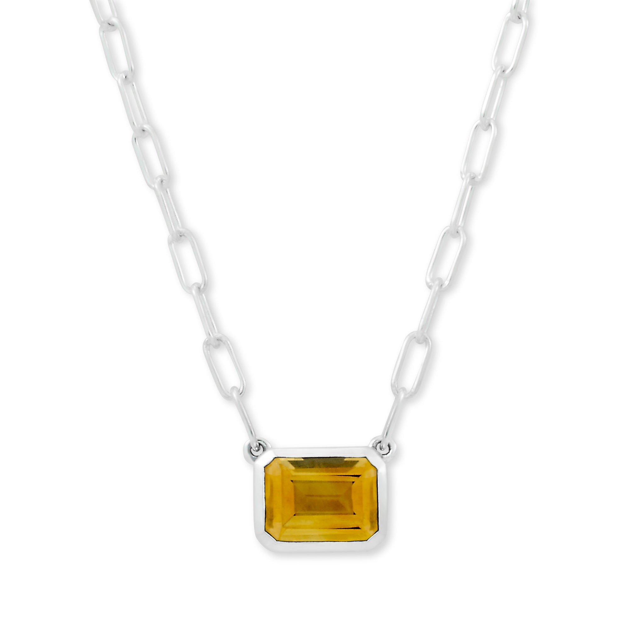 Citrine Eirini Necklace available at Talisman Collection Fine Jewelers in El Dorado Hills, CA and online. Specs: Citrine Eirini Necklace features an emerald-cut citrine solitaire measuring 7x9mm, and is set in Sterling Silver. 