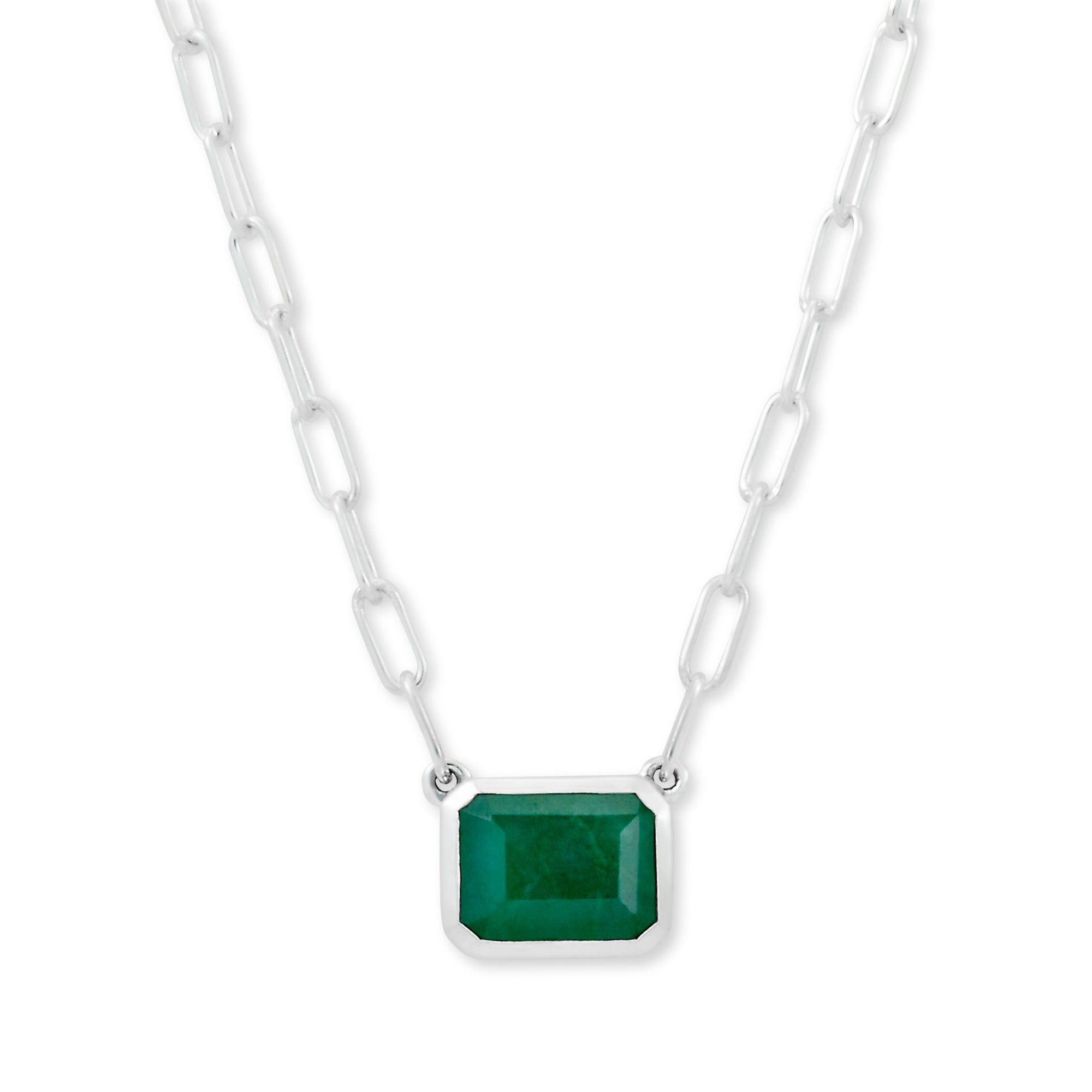 Emerald Eirini Necklace available at Talisman Collection Fine Jewelers in El Dorado Hills, CA and online. Specs: Emerald Eirini Necklace features an emerald-cut emerald solitaire necklace measuring 7x9mm, and is set in Sterling Silver. 