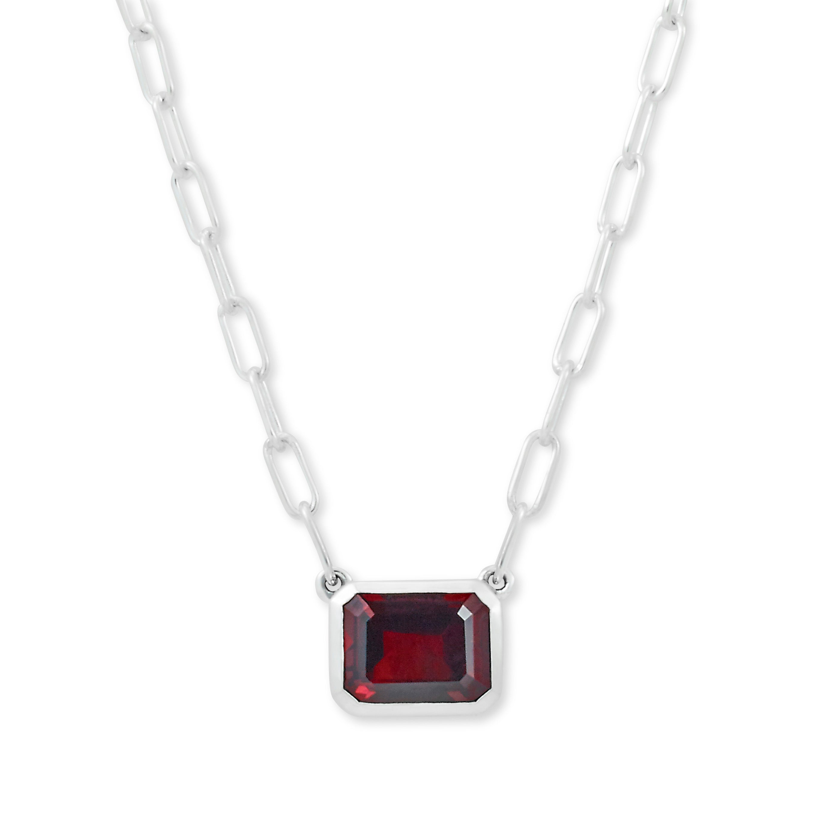Garnet Eirini Necklace available at Talisman Collection Fine Jewelers in El Dorado Hills, CA and online. Specs: Garnet Eirini Necklace features an emerald-cut garnet solitaire measuring 7x9mm, and is set in Sterling Silver.