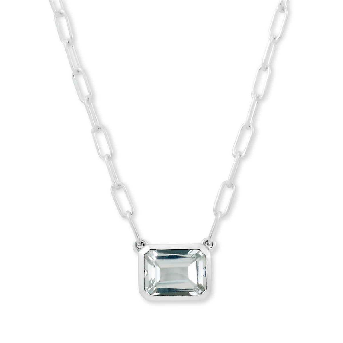 White Topaz Eirini Necklace available at Talisman Collection Fine Jewelers in El Dorado Hills, CA and online. Specs: White Topaz Eirini Necklace features an emerald-cut white topaz solitaire measuring 7x9mm, and is set in Sterling Silver.
