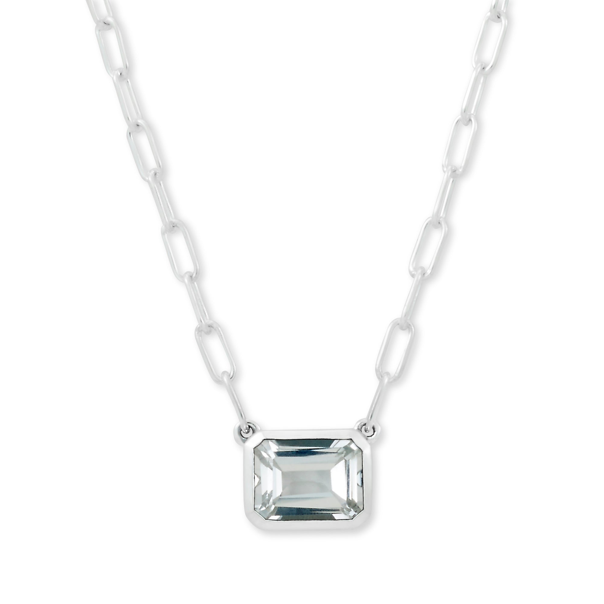 White Topaz Eirini Necklace available at Talisman Collection Fine Jewelers in El Dorado Hills, CA and online. Specs: White Topaz Eirini Necklace features an emerald-cut white topaz solitaire measuring 7x9mm, and is set in Sterling Silver.  