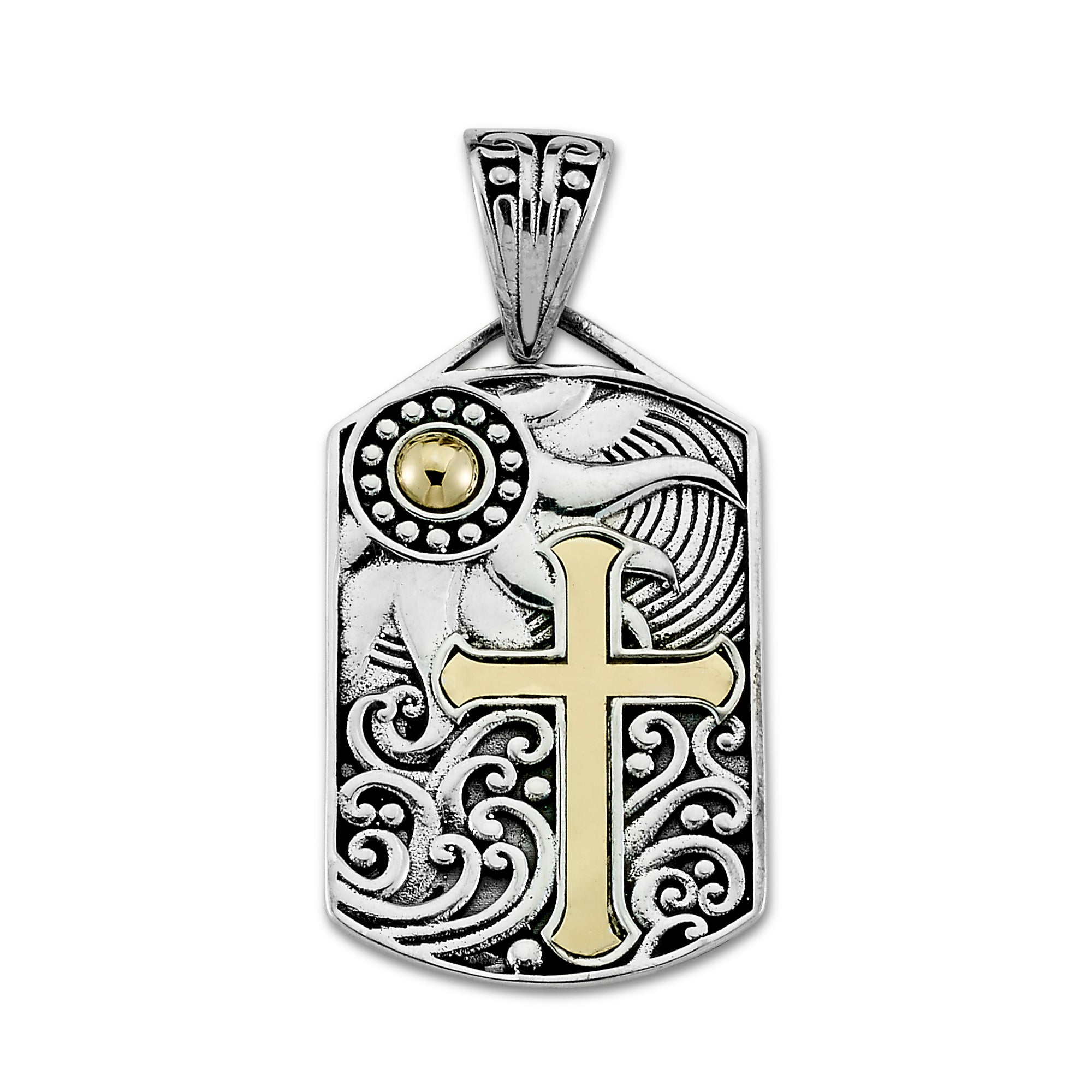Solstice Cross Pendant available at Talisman Collection Fine Jewelers in El Dorado Hills, CA and online. Specs: Solstice Cross Pendant depicting the Sun and Sea in this Sterling Silver and 18k gold dog tag pendant. 