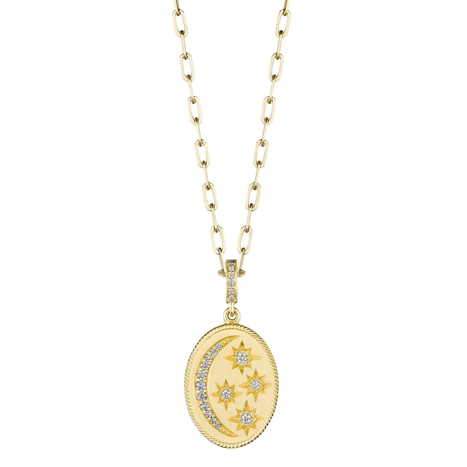 Diamond Star & Moon Medallion Charm by Penny Preville available at Talisman Collection Fine Jewelers in El Dorado Hills, CA and online. Transform your favorite necklace with the addition of this beautiful 18k gold charm that featuring a twinkling crescent moon and stars made of 0.32 cts of diamonds. For a fresh look, group this 122x17 mm oval charm with several pendants.
