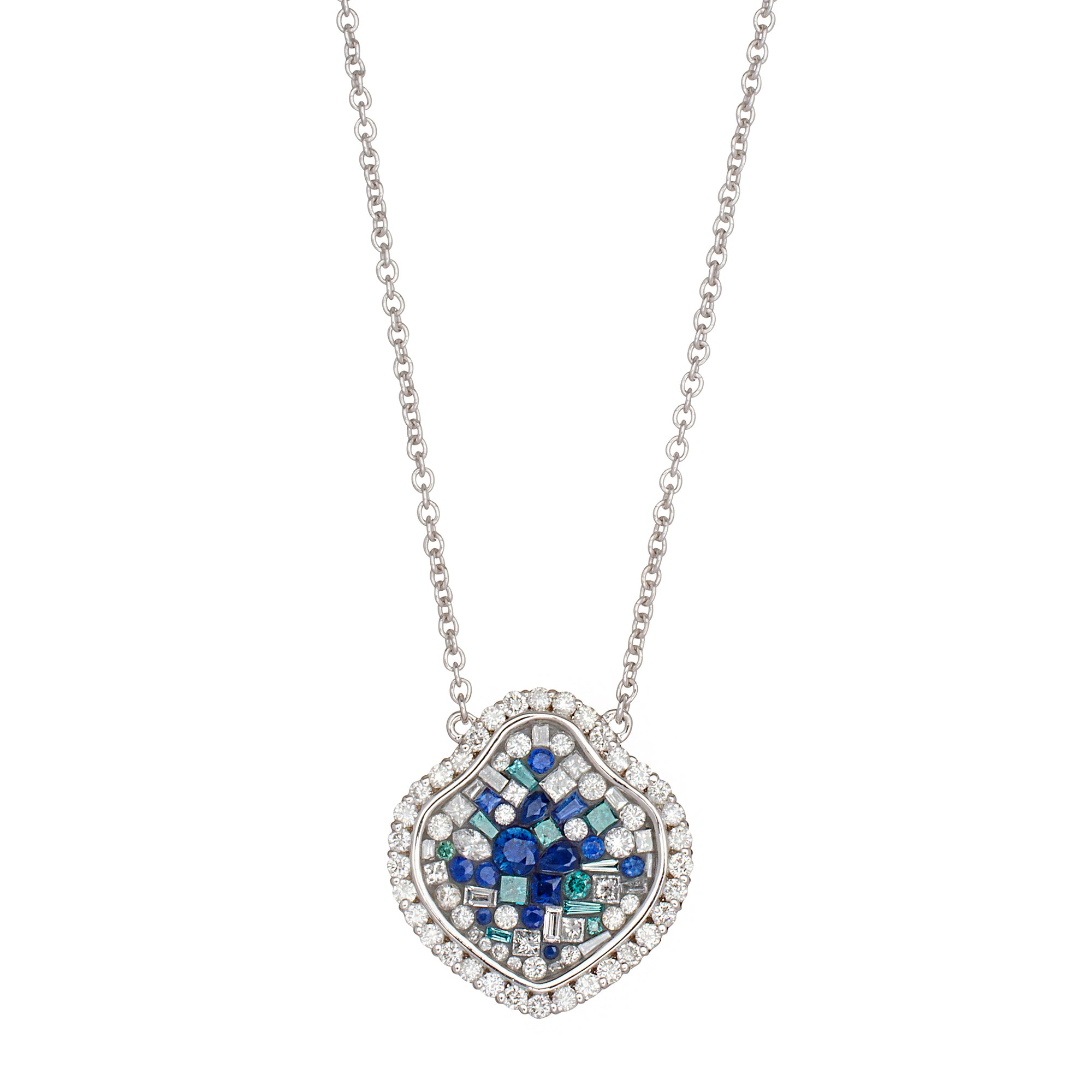 Blue Galaxy Diamond Heart Necklace by Pleve available at Talisman Collection Fine Jewelers in El Dorado Hills, CA and online. Specs: 1.90 cts white & color enhanced diamonds; 18k white gold.