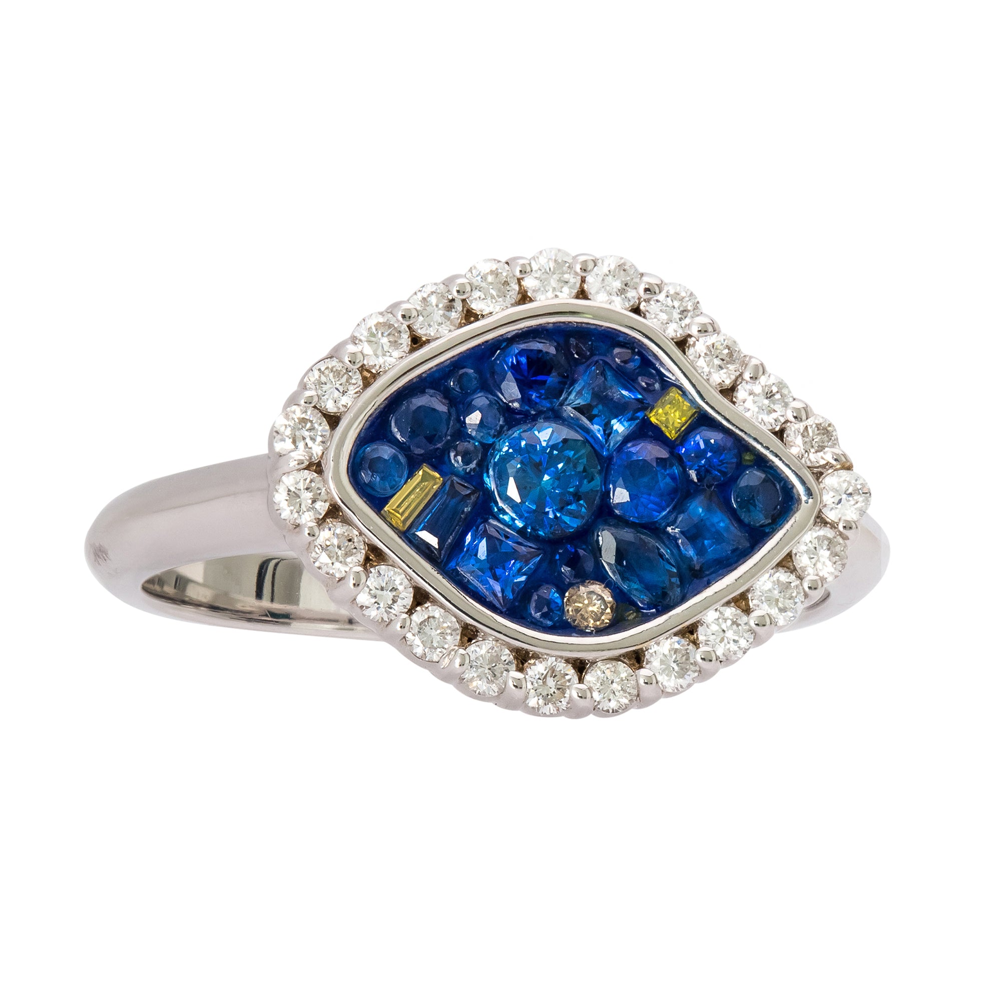 Deep Ocean Sapphire & Diamond Ring by Pleve available at Talisman Collection Fine Jewelers in El Dorado Hills, CA and online. Specs: .90 cttw color enhanced diamonds, natural sapphires, 18k yellow gold.