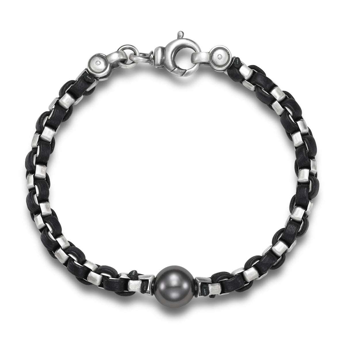Sorrento Silver and Leather Tahitian Pearl Bracelet by Mastoloni available at Talisman Collection Fine Jewelers in El Dorado Hills, CA and online. A unique blend of luxurious leather and lustrous silver, this bracelet features a 11.5 - 12 mm Tahitian pearl and adds an edgy touch to any look. It's the perfect accessory for those who like to keep things cool and casual, with a hint of sophistication. Its 8.5" length makes it a great choice for men, or anyone needing a longer length.
