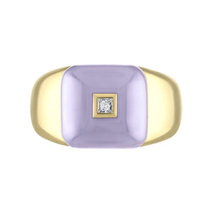 Chalcedony Sugarloaf Ring by Meredith Young available at Talisman Collection Fine Jewelers in El Dorado Hills, CA and online.This 18k gold stunner embodies understated sophistication. Featuring a cabochon lavender chalcedony, accented with a round brilliant diamond in a square bezel it is a testament to minimalist beauty that stands out effortlessly.