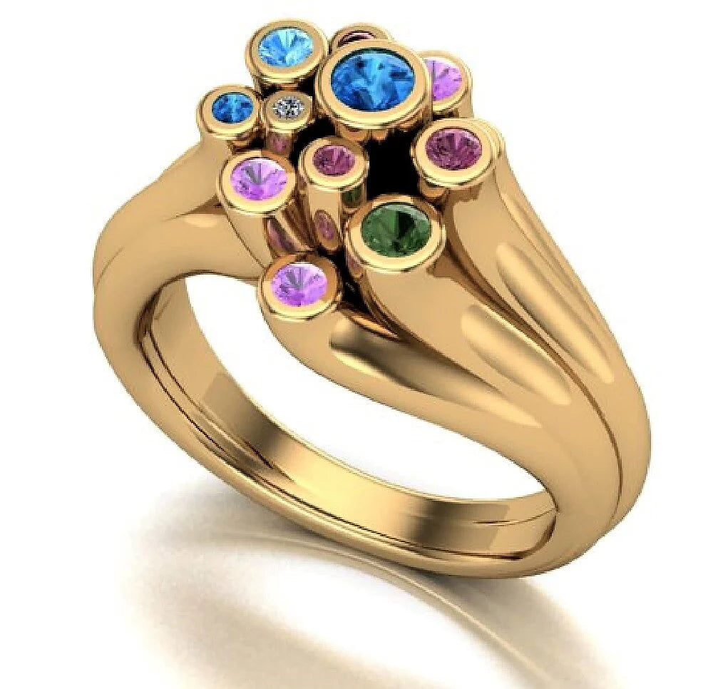 Constellation Cluster Ring by Martha Seely available at Talisman Collection Fine Jewelers in El Dorado Hills, CA and online. Stats: An edgy member of the Constellation Family, the 14k ring captures the colors and shapes of a star cluster. It is unique and wonderful to wear, just like you... .71 cts of multi-colored gemstones (tourmaline, topaz, pink sapphire, amethyst) and .005 cts of diamonds and are bezel-set at varying levels making this ring bold with shine, drama and sparkle.