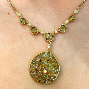 Cinnamon Pebble Drop Diamond Necklace by Pleve available at Talisman Collection Fine Jewelers in El Dorado Hills, CA and online. Specs: 18k yellow gold; color enhanced diamonds 7.15 cts. 