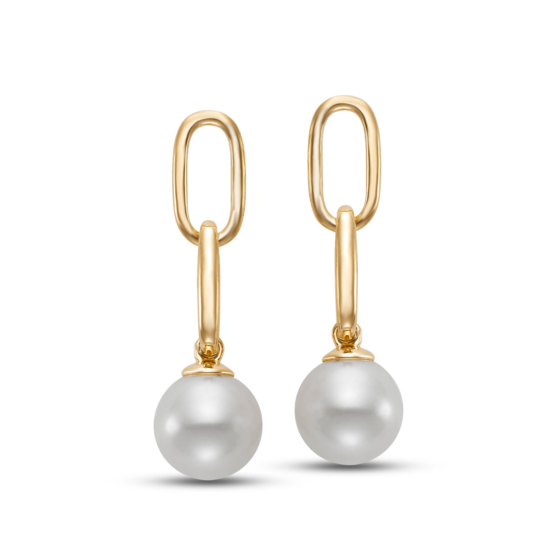 Freshwater Pearl Gold Link Earrings by Mastoloni available at Talisman Collection Fine Jewelers in El Dorado Hills, CA and online. Crafted in 14k yellow gold, these earrings showcase a striking link design with a 6–6.5mm freshwater pearl drop. The geometric gold links contrast beautifully with the natural beauty of the pearl, offering a chic update to traditional styles. Perfect for adding a sophisticated touch to your everyday ensemble or making a subtle statement at special events.