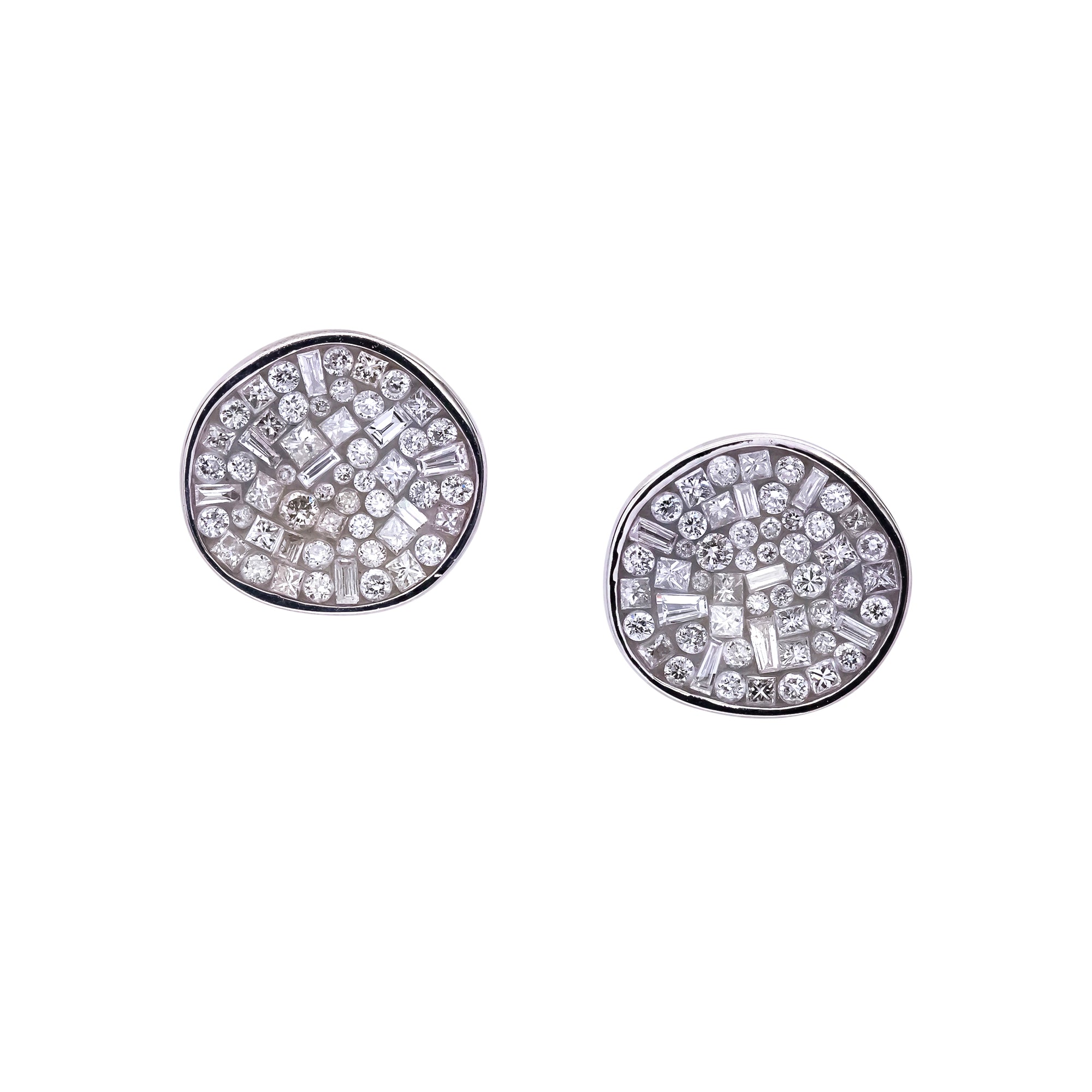 Diamond Earring Buttons by Pleve available at Talisman Collection Fine Jewelers in El Dorado Hills, CA and online. Specs: Organic shape button earrings, .90 cttw diamonds, 18k white gold, 12mm. 