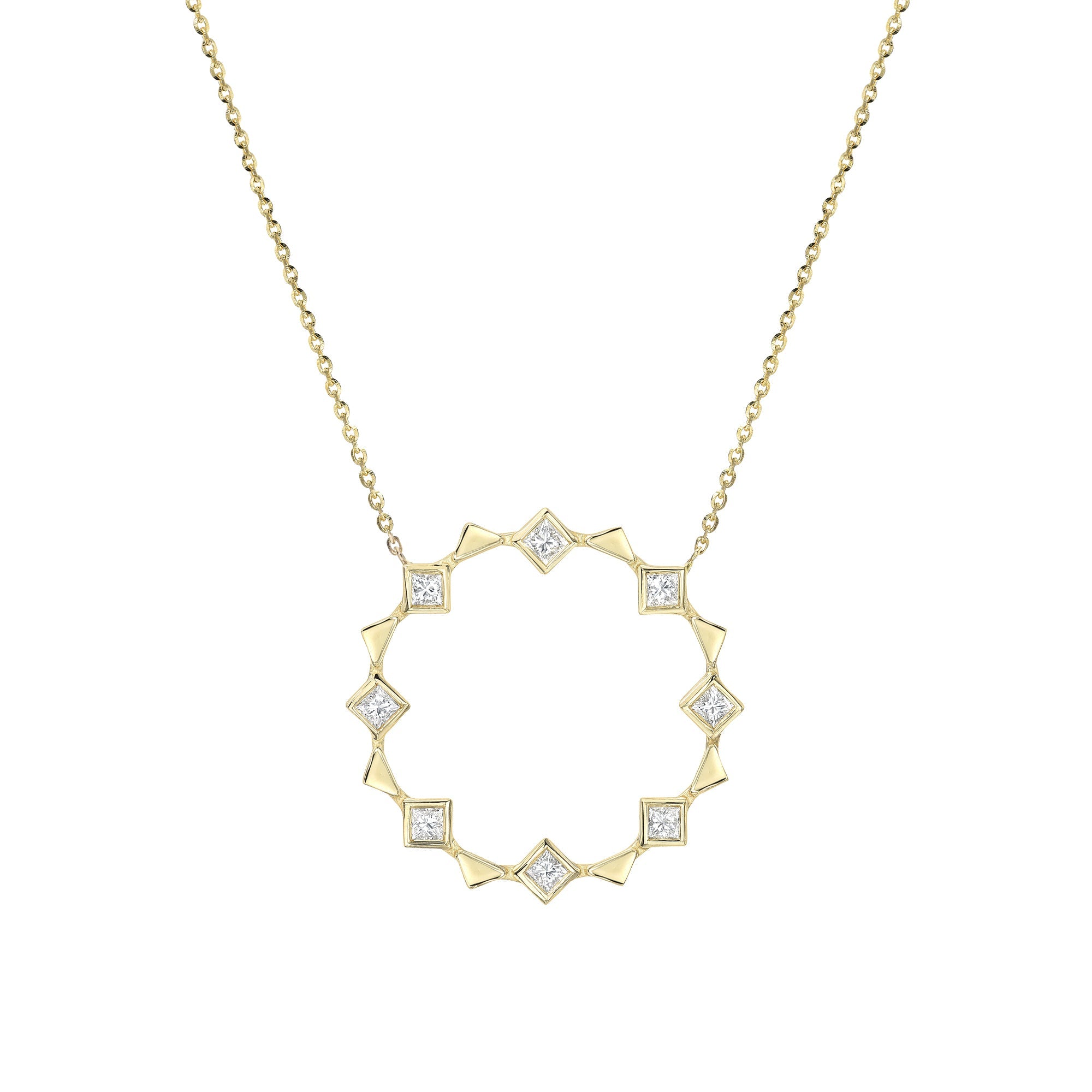Meet the Open Circle Energy Necklace by Meredith Young, available at Talisman Collection Fine Jewelers in El Dorado Hills, CA and online. ! This lovely piece showcases a playful arrangement of .56 cts of white princess diamonds, dancing alongside 18k gold triangles. The pendant's diameter extends to over 1 inch, and it offers an adjustable length, so you can wear it comfortably at 16 to 18 inches. It's a perfect choice for adding a touch of sparkle to any day.