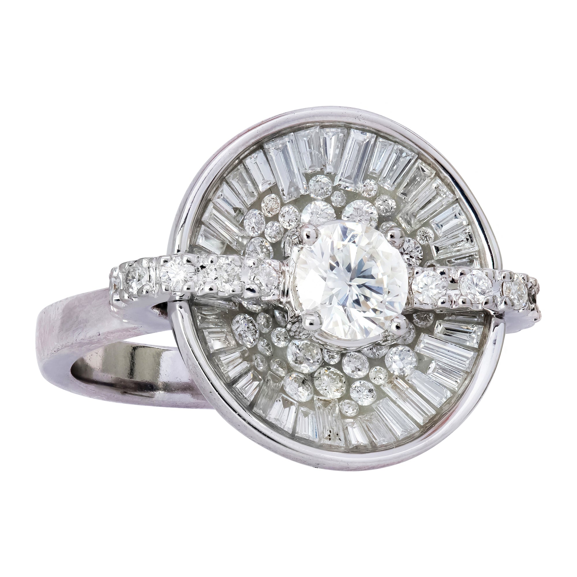 White Diamond Opus Ring by Pleve available at Talisman Collection Fine Jewelers in El Dorado Hills, CA and online. Specs: 1.70 ct white diamonds, .50ct brilliant round center diamond, 18k white gold. 