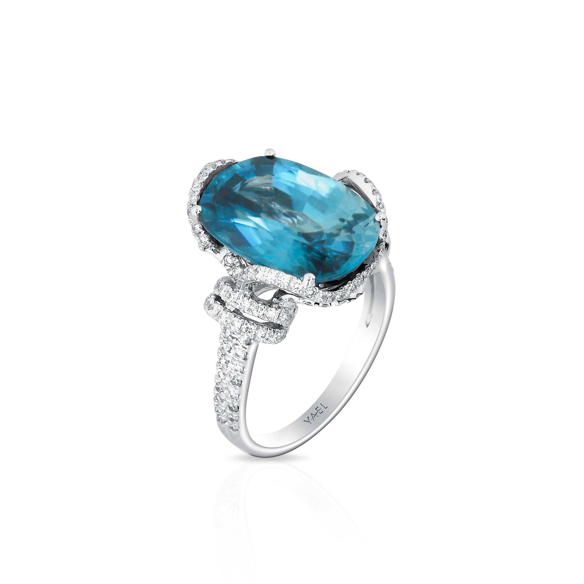 Blue Zircon & Diamond Ring by Yael available at Talisman Collection Fine Jewelers in El Dorado Hills, CA and online. This magnificent cocktail ring features an impressive 12.45 carat blue zircon surrounded by 0.85 carats of sparkling white diamonds set in 18k white gold. Both modern and classic, it's sure to be a future heirloom.