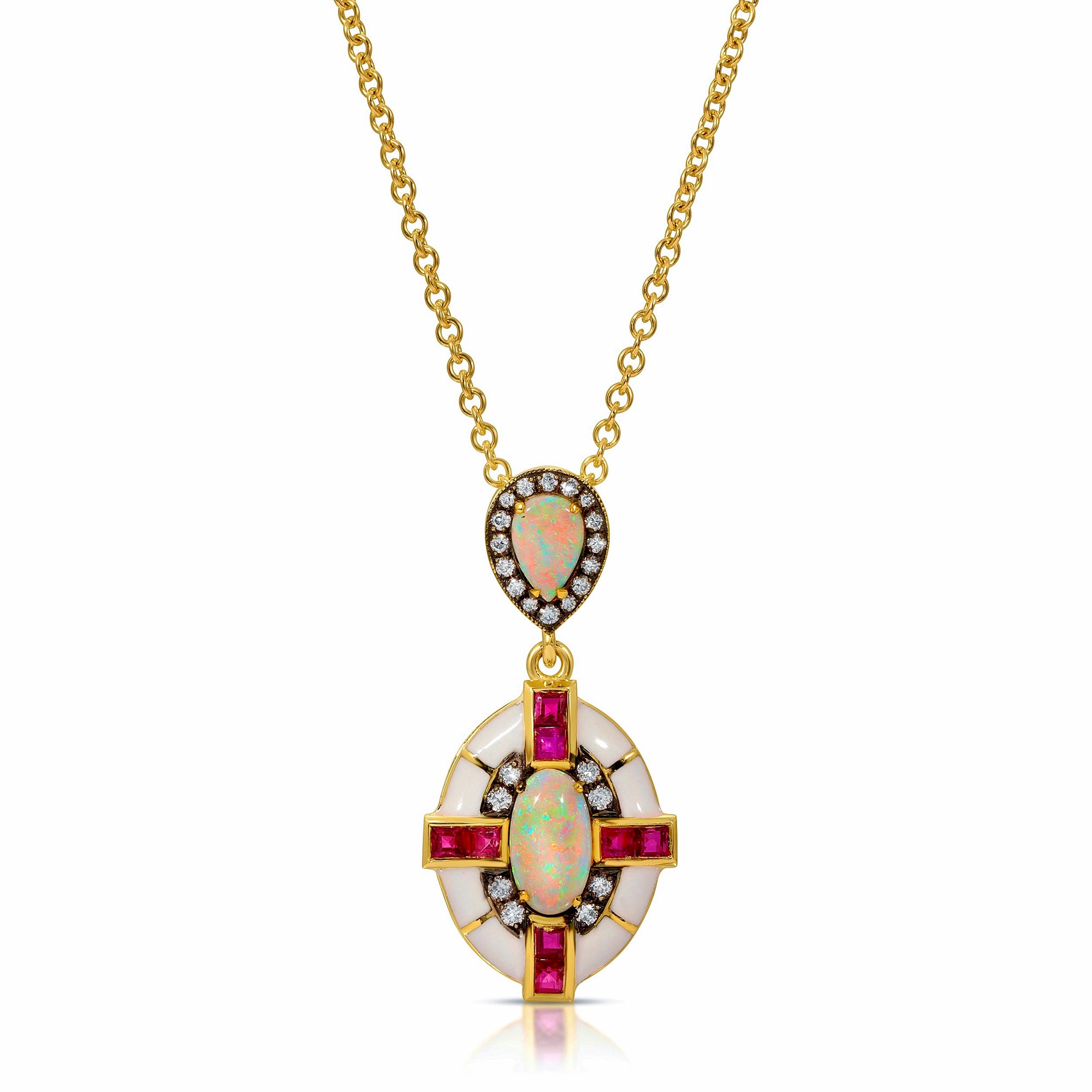 Opal and Ruby Enamel Pendant Necklace by Lord Jewelry available at Talisman Collection Fine Jewelers in El Dorado Hills, CA and online. Discover the Double Opal Drop Pendant, where fiery opals, weighing a total of .76 carats, dance with .65 carats of princess-cut rubies and .18 carats of round brilliant diamonds, all harmoniously set in 18k gold. This pendant's elegant frame, accented by a pristine white enamel halo, is a testament to exquisite craftsmanship, a vivid expression of your unique style. 