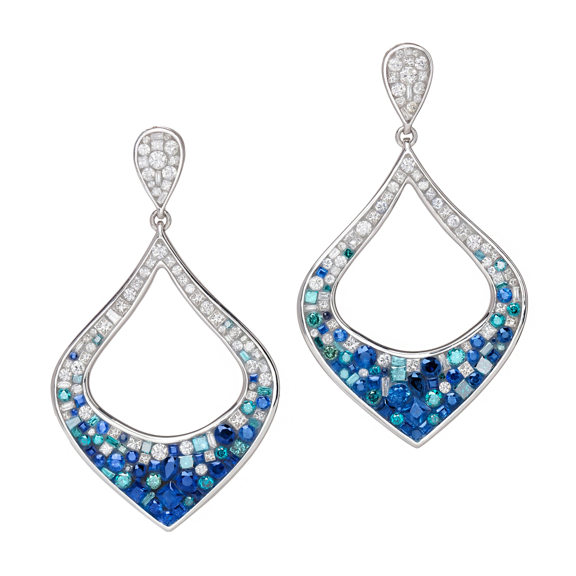 Blue Ombre Petal Sapphire & Diamond Earrings by Pleve available at Talisman Collection Fine Jewelers in El Dorado Hills, CA and online. Specs: 5.15 cttw white & color enhanced diamonds, natural sapphire, 18k white gold 