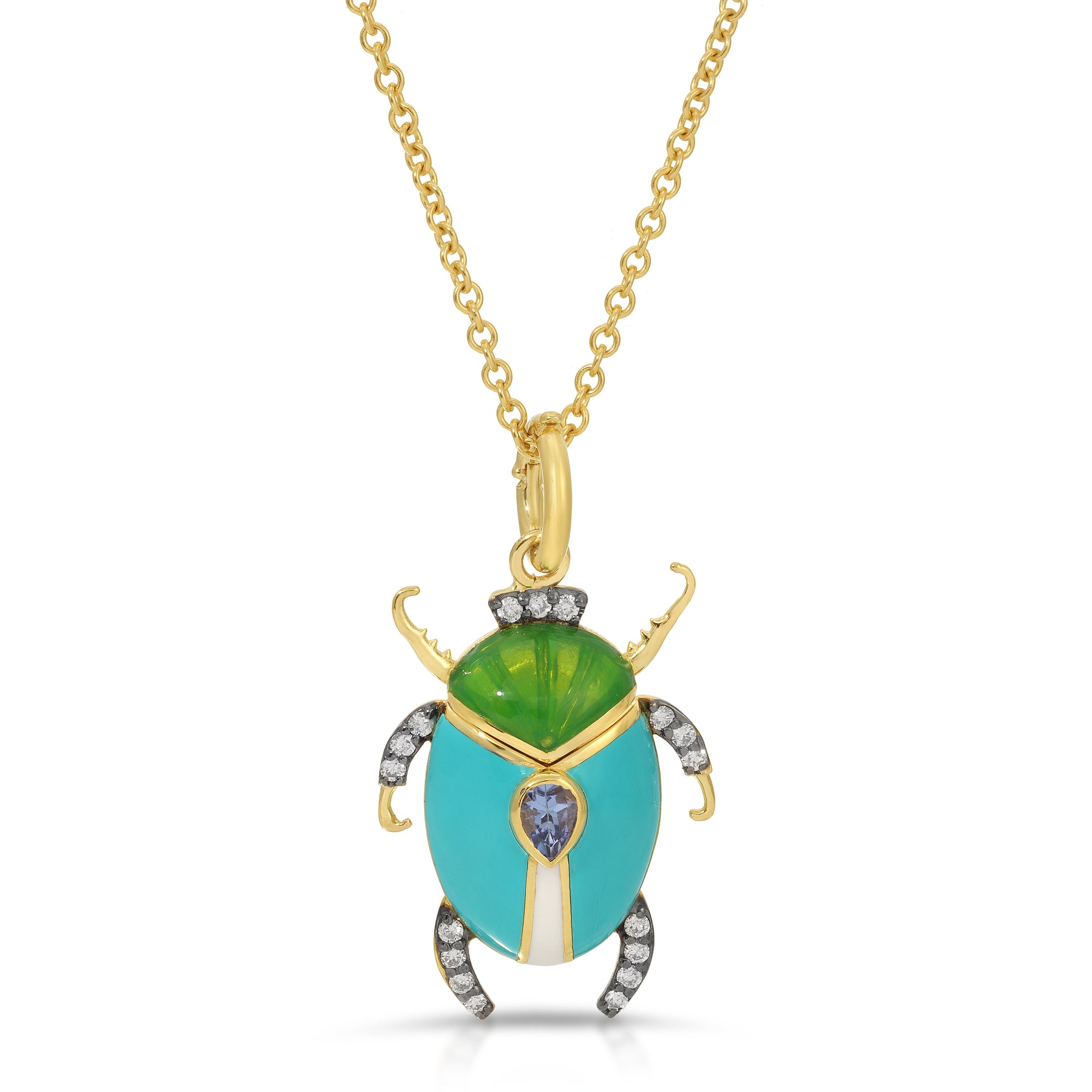 Sapphire Enamel Beetle Necklace by Lord Jewelry available at Talisman Collection Fine Jewelers in El Dorado Hills, CA and online. If you're looking for a darling piece that exudes timelessness, look no further than this Sapphire Enamel Beetle Pendant Necklace. Crafted in 18k yellow gold, the charm features a beautiful enamel scarab, accented with a 0.19 cts cabochon pear sapphire and 0.14 cts of diamonds.