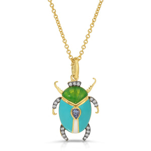 Sapphire Enamel Beetle Necklace by Lord Jewelry available at Talisman Collection Fine Jewelers in El Dorado Hills, CA and online. If you're looking for a darling piece that exudes timelessness, look no further than this Sapphire Enamel Beetle Pendant Necklace. Crafted in 18k yellow gold, the charm features a beautiful enamel scarab, accented with a 0.19 cts cabochon pear sapphire and 0.14 cts of diamonds.