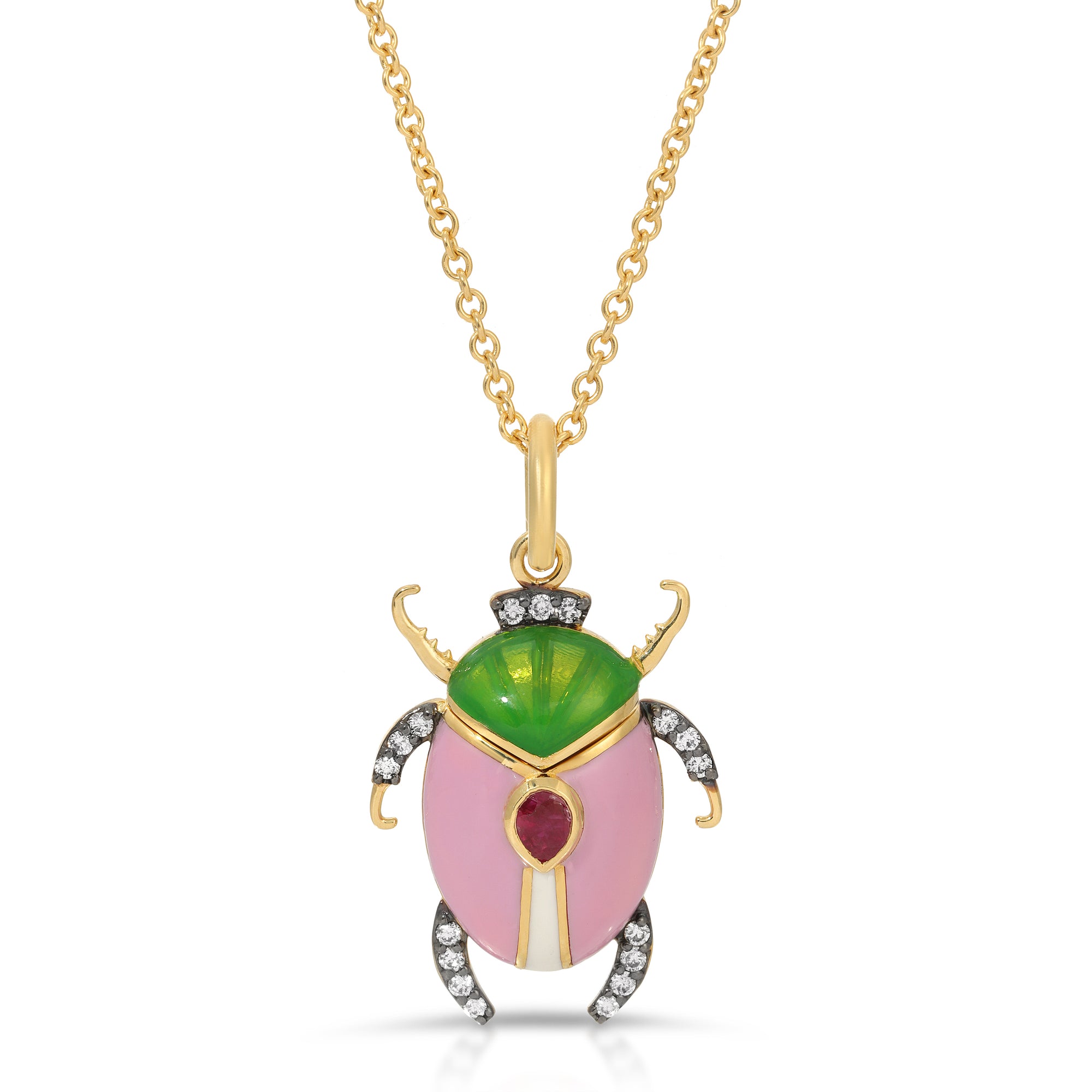Ruby Enamel Beetle Necklace by Lord Jewelry available at Talisman Collection Fine Jewelers in El Dorado Hills, CA and online. This Ruby Scarab Beetle Pendant Necklace is utterly charming. Crafted in 18k yellow gold, the charm features a beautiful plique-à-jour enamel scarab, accented with a 0.19 cts pear-cut ruby and 0.14 cts of diamonds. 
