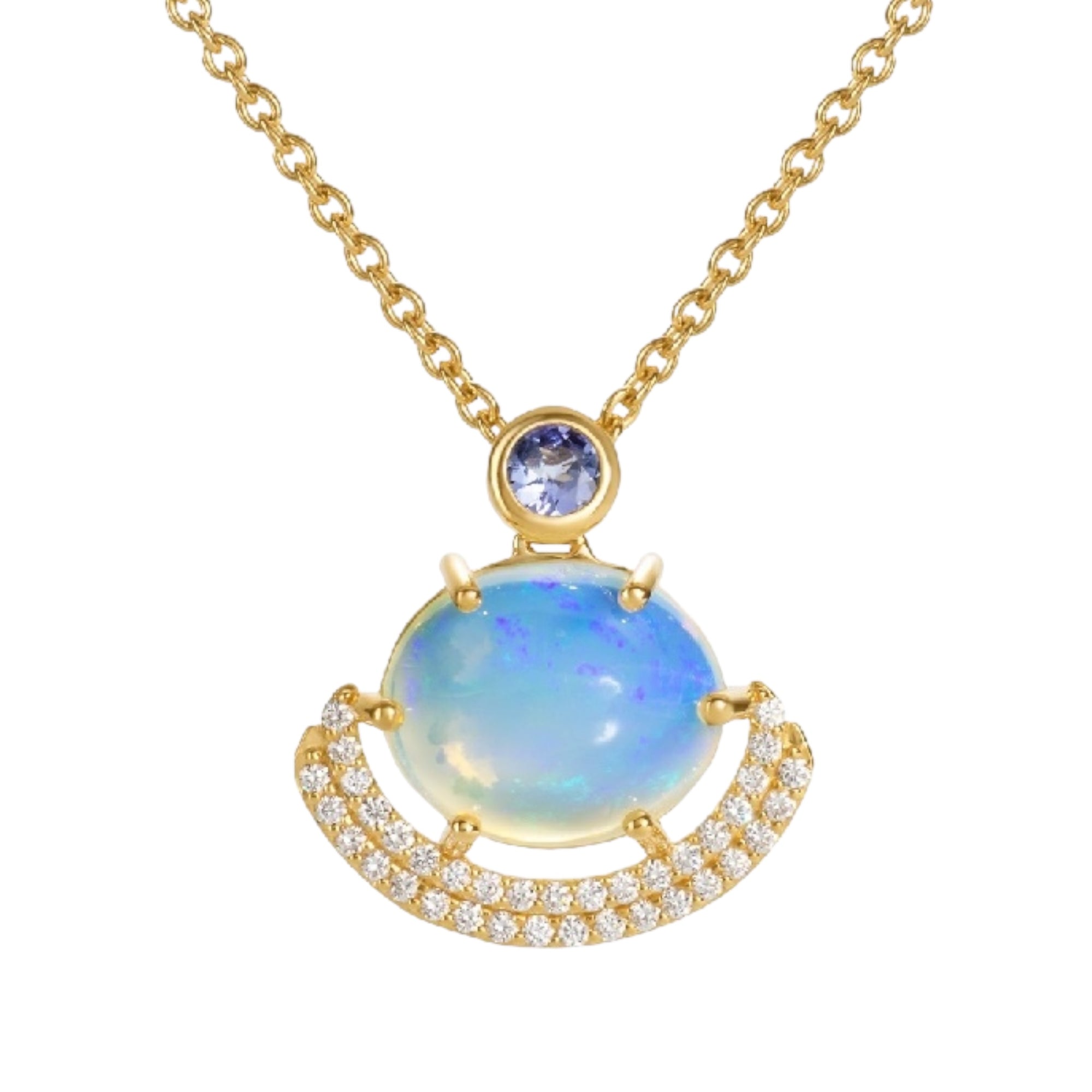 Eclipse Pendant - Welo Opal - 14k by Martha Seely available at Talisman Collection Fine Jewelers in El Dorado Hills, CA and online. Stats: Celebrate every eclipse with this stunning 14k yellow gold pendant featuring a flashy Welo opal measuring 14 x 12mm, that is accented with 0.612 cts of diamonds and a 3mm round faceted tanzanite. The dreamy pendant hangs from an 18” 1.5mm cable chain and is secured with a lobster clasp.