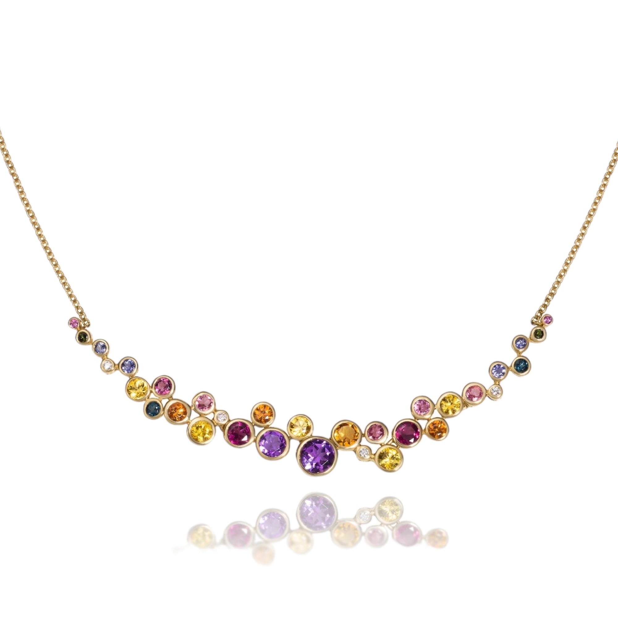 Multi-color Constellation Necklace by Martha Seely available at Talisman Collection Fine Jewelers in El Dorado Hills, CA and online. Stats: The Constellation Necklace is a joyous exploration of color with a mix of 6.6 cts of amethysts, citrines, tourmalines, sapphires and 0.042 cts of diamonds it will surely dazzle. The cluster is suspended from a delicate 18” cable chain with a lobster clasp. 