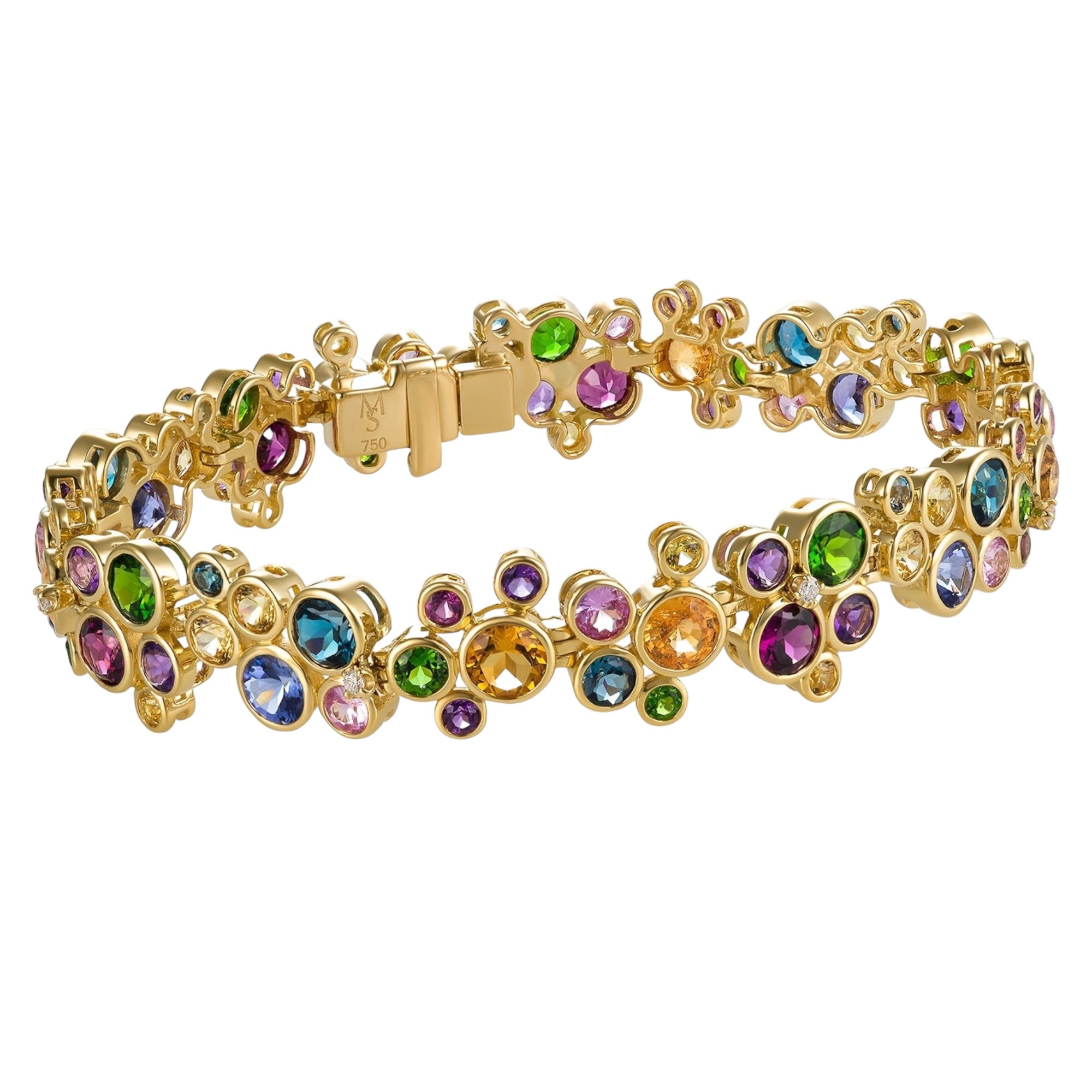 Milkyway Bracelet by Martha Seely available at Talisman Collection Fine Jewelers in El Dorado Hills, CA and online. Stats: Here is a bracelet designed make you happy! 14.53 cts of sparkling multi-color gems including blue topaz, citrine, pink and green tourmaline, amethyst, iolite, spessartite, yellow sapphires, pink garnets, and 0.070 cts of diamonds adorn this unique tennis-style bracelet. 