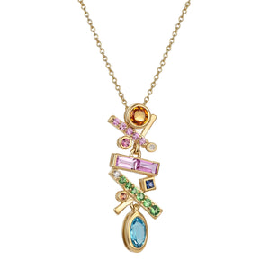 Falling Stars Multi-Color Pendant by Martha Seely available at Talisman Collection Fine Jewelers in El Dorado Hills, CA and online. Stats: This kinetic pendant necklace feature a vibrant cascade of gemstones including sapphires, tsavorites, blue topaz, and pink tourmalines, totaling 1.18 carats. Each gemstone is carefully selected, flawlessly set, and accented with 0.016 cts of sparkling diamonds, making this a truly captivating necklace.