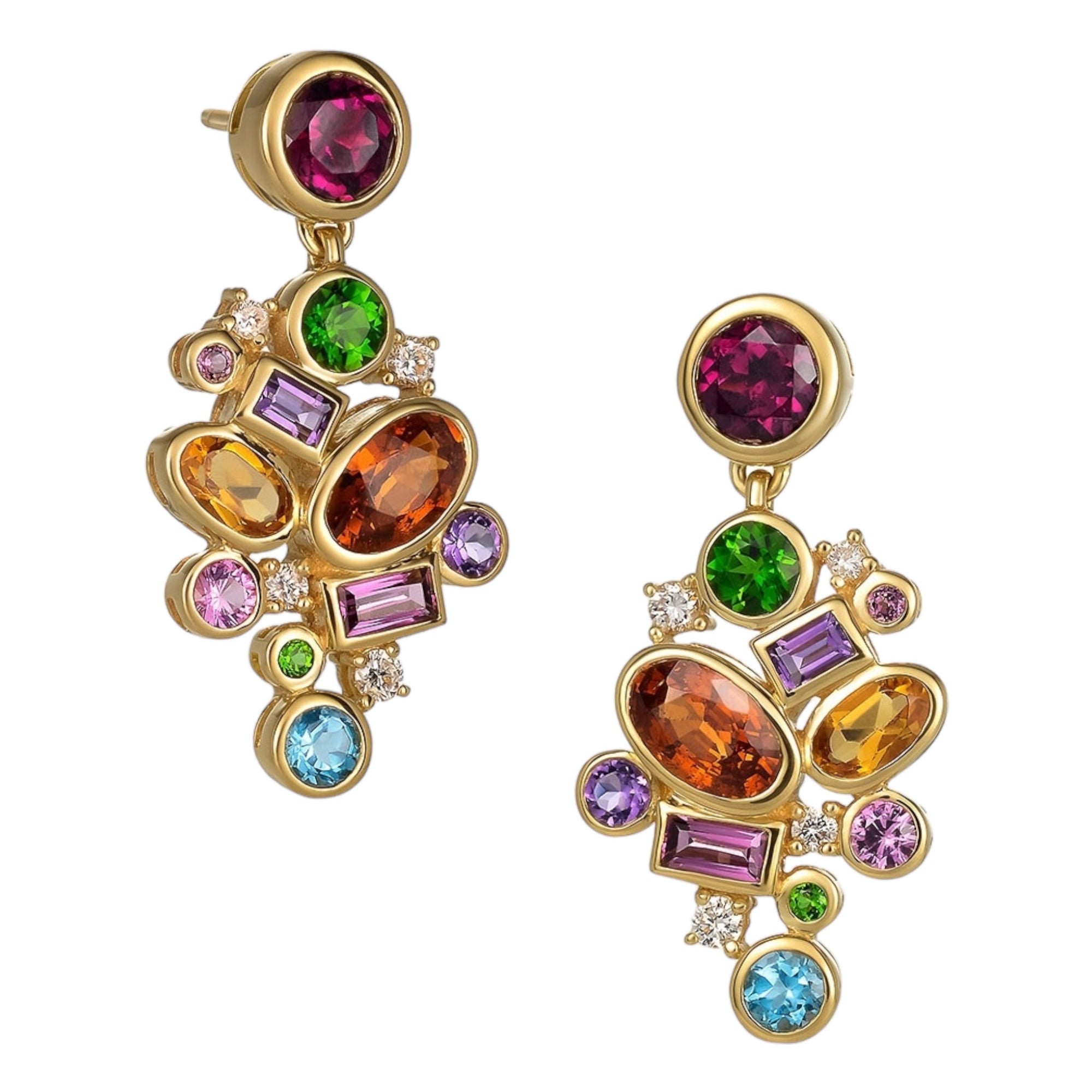 Supernova Earrings by Martha Seely available at Talisman Collection Fine Jewelers in El Dorado Hills, CA and online. Stats: Designed to make everyday feel special, these petite earrings showcase 5.14 cts of multicolored gems: rhodolites, chrome diopside, pink sapphire, Swiss blue topaz, amethysts, spessartites and citrines, and diamonds, let's not forget a scattering of .2 cts of sparkling white diamonds... Crafted in 14k gold and measuring 1.18” L x 0.6” W 