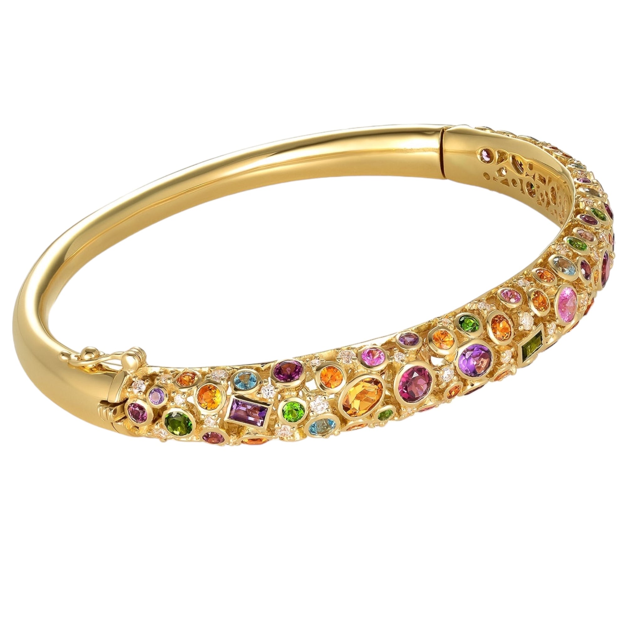 Supernova Bangle Bracelet by Martha Seely available at Talisman Collection Fine Jewelers in El Dorado Hills, CA and online. Stats: This outrageous bangle will instantly become the new favorite of your collection. Beautifully crafted in 18k gold with 48 tiny diamonds totaling 0.515 cts, and 90 multi-colored gemstones totaling 4.720 cts including blue topaz, citrine, pink and green tourmaline, amethyst, iolite, spessartite, yellow sapphires, and pink garnets.