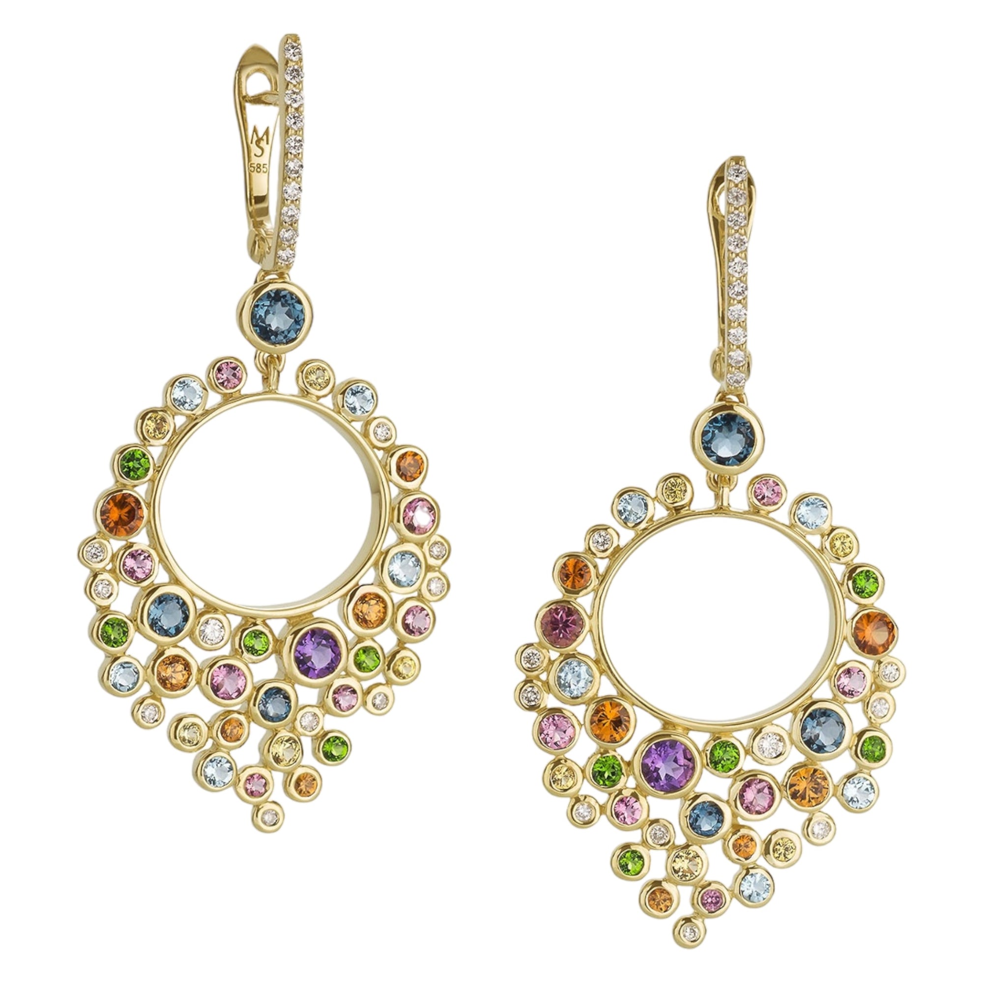 Solstice Dangle Earrings by Martha Seely available at Talisman Collection Fine Jewelers in El Dorado Hills, CA and online. Sparkling, colorful dangle earrings from Martha Seely's Constellation Collection. These are crafted in 14k gold with 2.75 cts of multi-color gemstones and 0.23cts of diamonds. Lightweight and fun to wear, these will take you to from errands to parties. The earrings measure 1.5” L x 0.85” W, and have post backs.