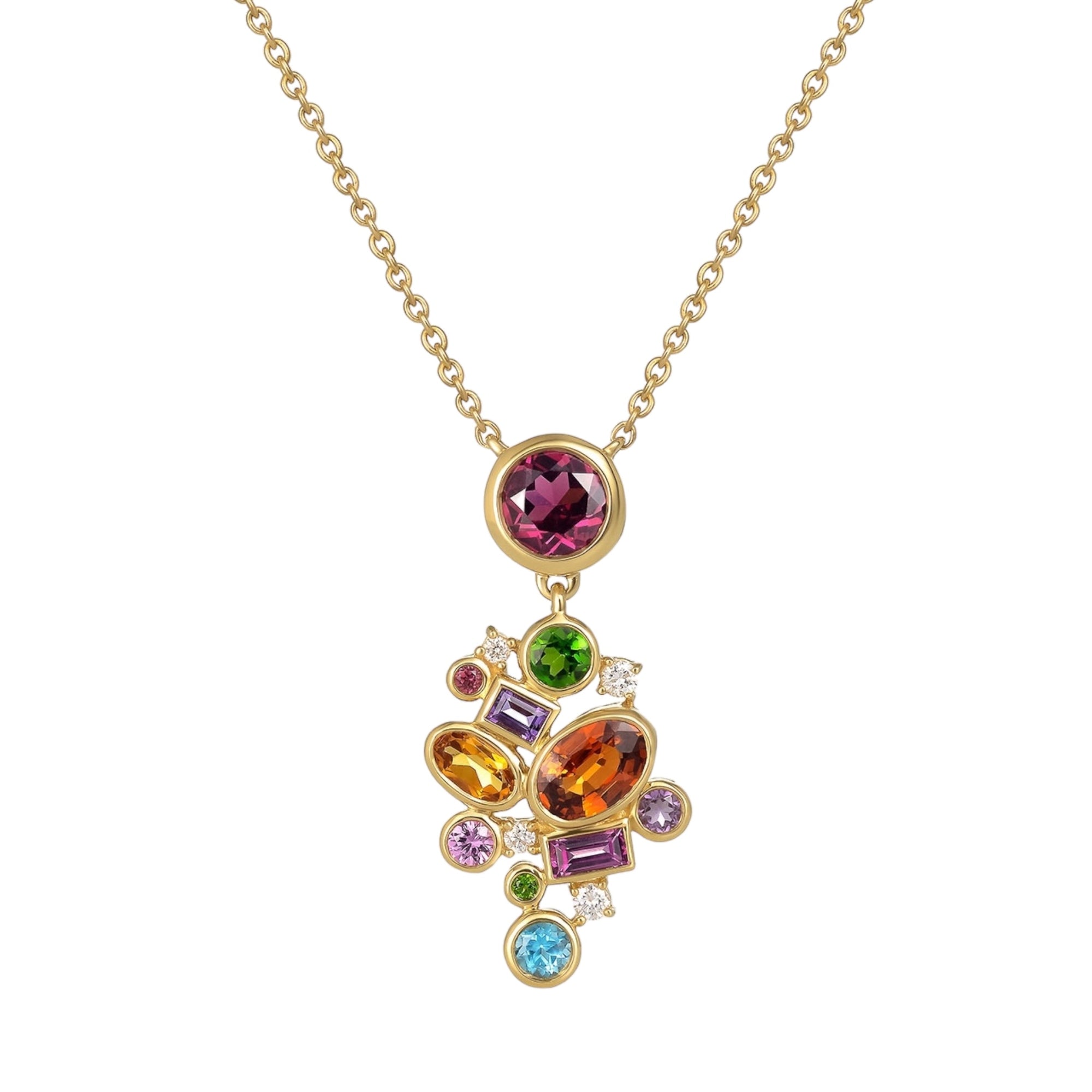 Supernova Necklace 14k by Martha Seely available at Talisman Collection Fine Jewelers in El Dorado Hills, CA and online. Stats: A colorful pendant comprised of 0.098 cts sparkling diamonds and 2.82 cts of multi-color gemstones (rhodolite, chrome diopside, pink sapphire, Swiss blue topaz, amethyst, spessartite and citrine) designed to make your day feel like an explosion of joy! The vibrant 14k pendant measures 1.18” L x 0.6” W and hangs from an 18" chain.