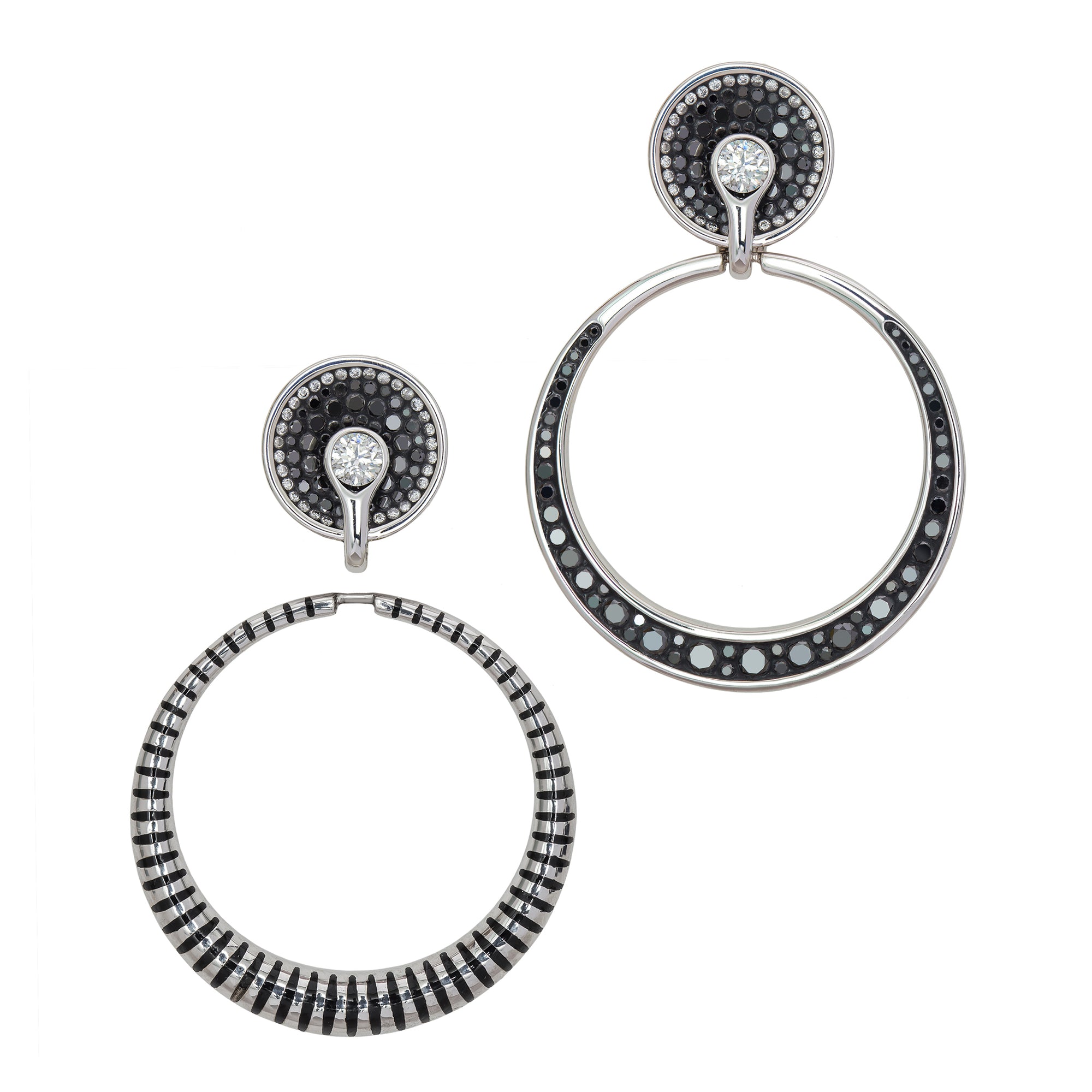 Border Black Opus Hoop Earrings by Pleve available at Talisman Collection Fine Jewelers in El Dorado Hills, CA and online. Specs: Unbelievable convertible 3-in-1 earrings. .15 cttw white & color enhanced diamonds, 18k white gold hoop earrings