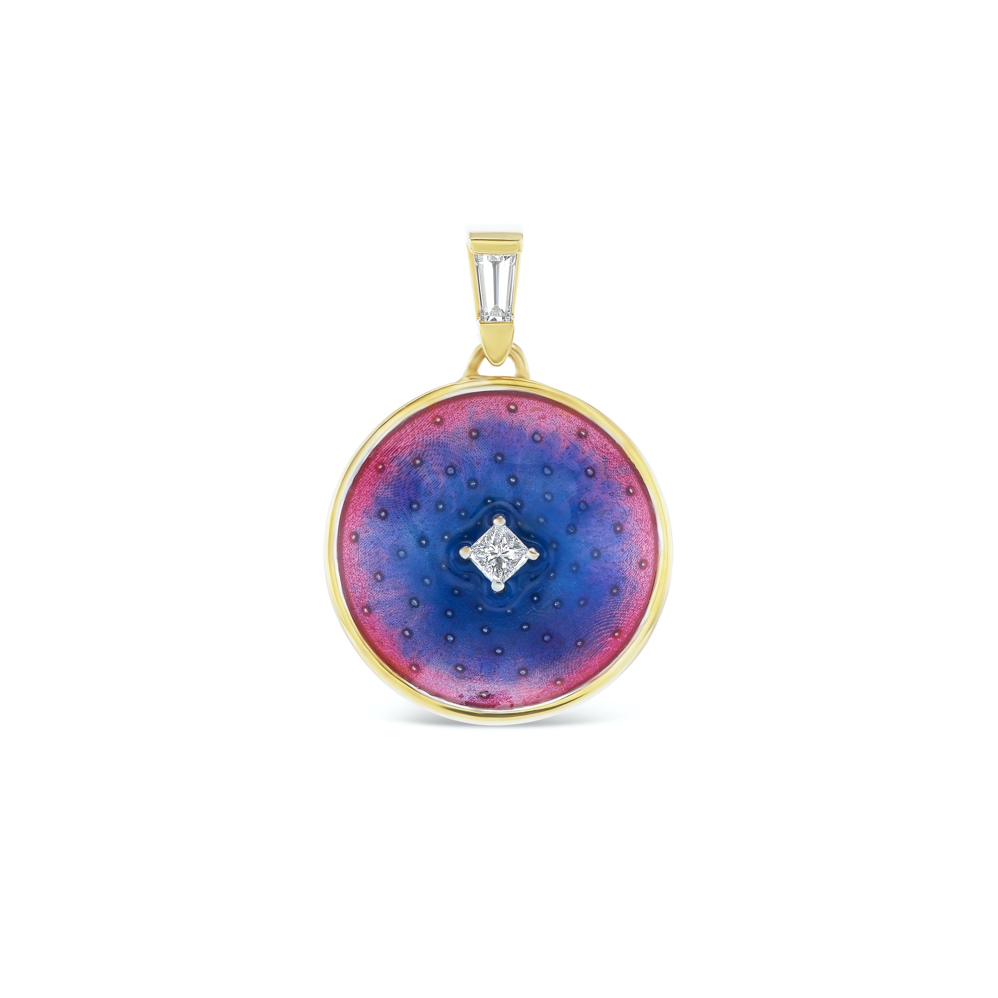 Cosmic Bloom Enamel Pendant Necklace by Meredith Young available at Talisman Collection Fine Jewelers in El Dorado Hills, CA and online. The artisan enamel detailing on this pendant brings a lively splash of color, creating a canvas for .14 cts of diamonds that twinkle like distant stars in a moonlit sky. Crafted to catch the eye, this 18k gold pendant emanates a positive cosmic energy.
