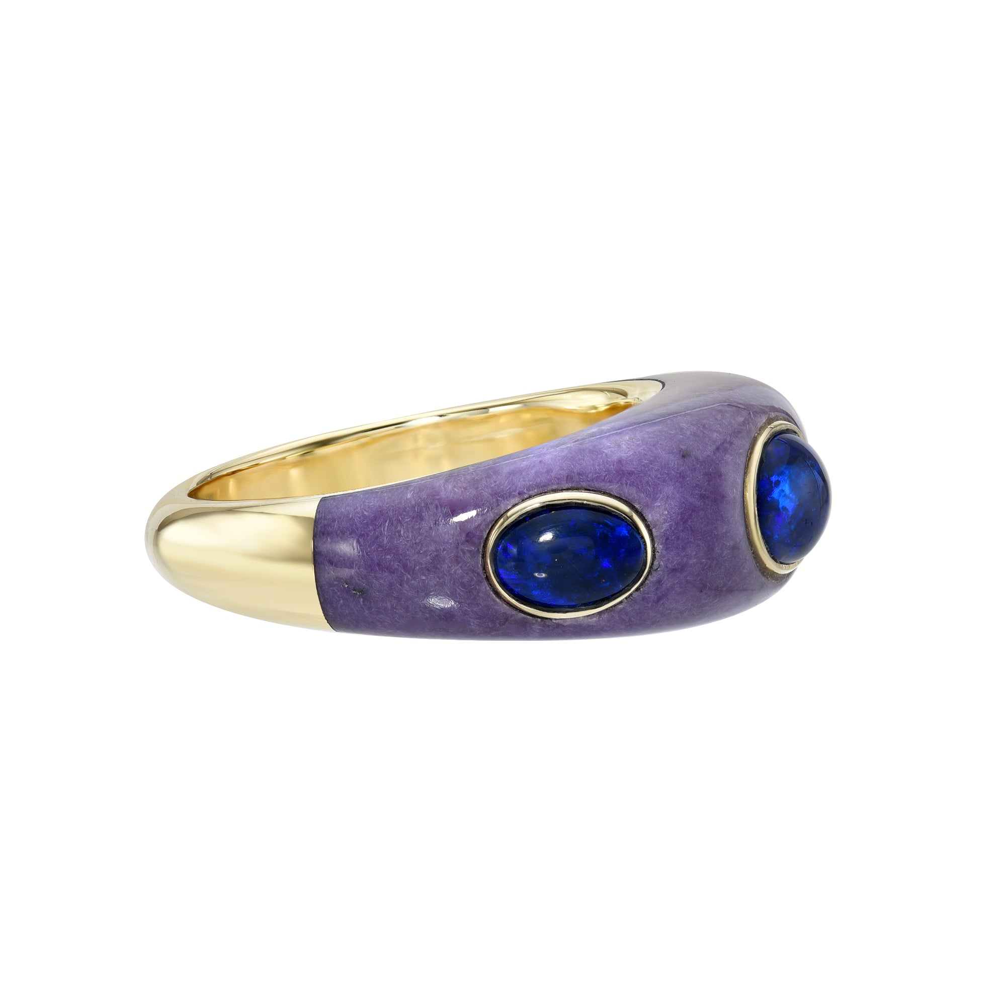 Twilight Opal Ring by Meredith Young available at Talisman Collection Fine Jewelers in El Dorado Hills, CA and online. A spellbinding blend of modern design and moody elegance, the Twilight Opal Ring is mesmerizing...  Its domed sugilite base provides a deep and mysterious backdrop and is enhanced by three cabochon oval Australian opals set in radiant 18k yellow gold. This ring is not merely jewelry; it's a statement piece that radiates an aura of compelling mystique.