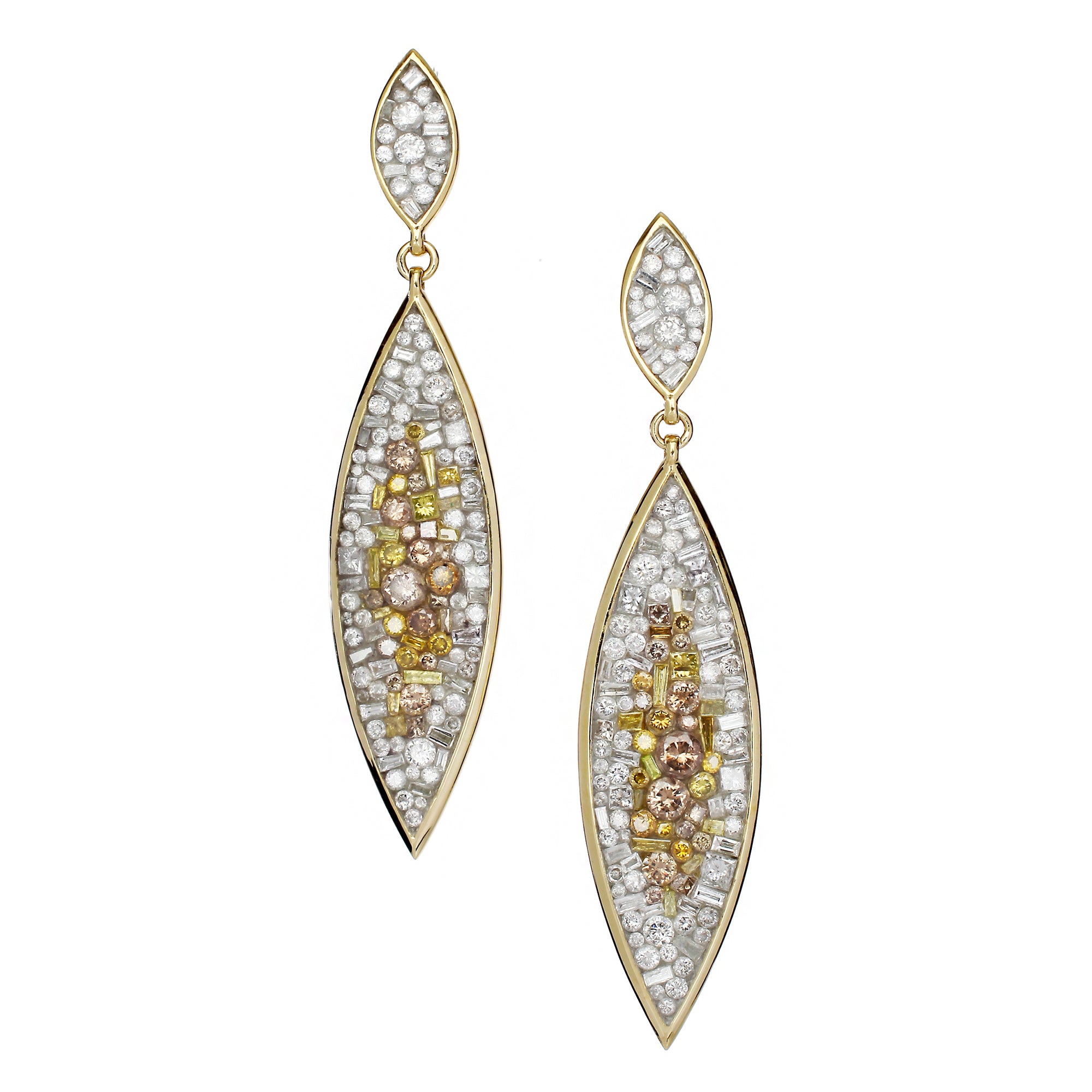 Sun Burst Marquise Diamond Earrings by Pleve available at Talisman Collection Fine Jewelers in El Dorado Hills, CA and online. Specs: 4.50 cttw white & color enhanced diamonds, 18k yellow gold. 