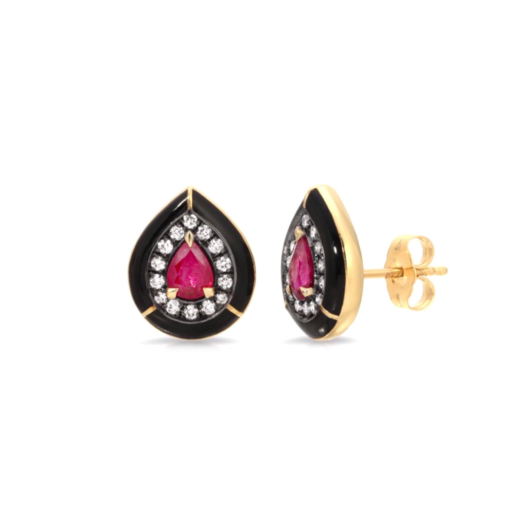 Ruby & Enamel Stud Earrings by Lord Jewelry available at Talisman Collection Fine Jewelers in El Dorado Hills, CA and online. Simultaneously edgy and elegant, these exquisite ruby & enamel stud earrings make a chic statement. Featuring 0.70 cts of pear-cut rubies surrounded by 0.20 cts of diamonds and black enamel set in 18k, they are the epitome of luxury and sophistication. Perfect for both everyday wear and special occasions!