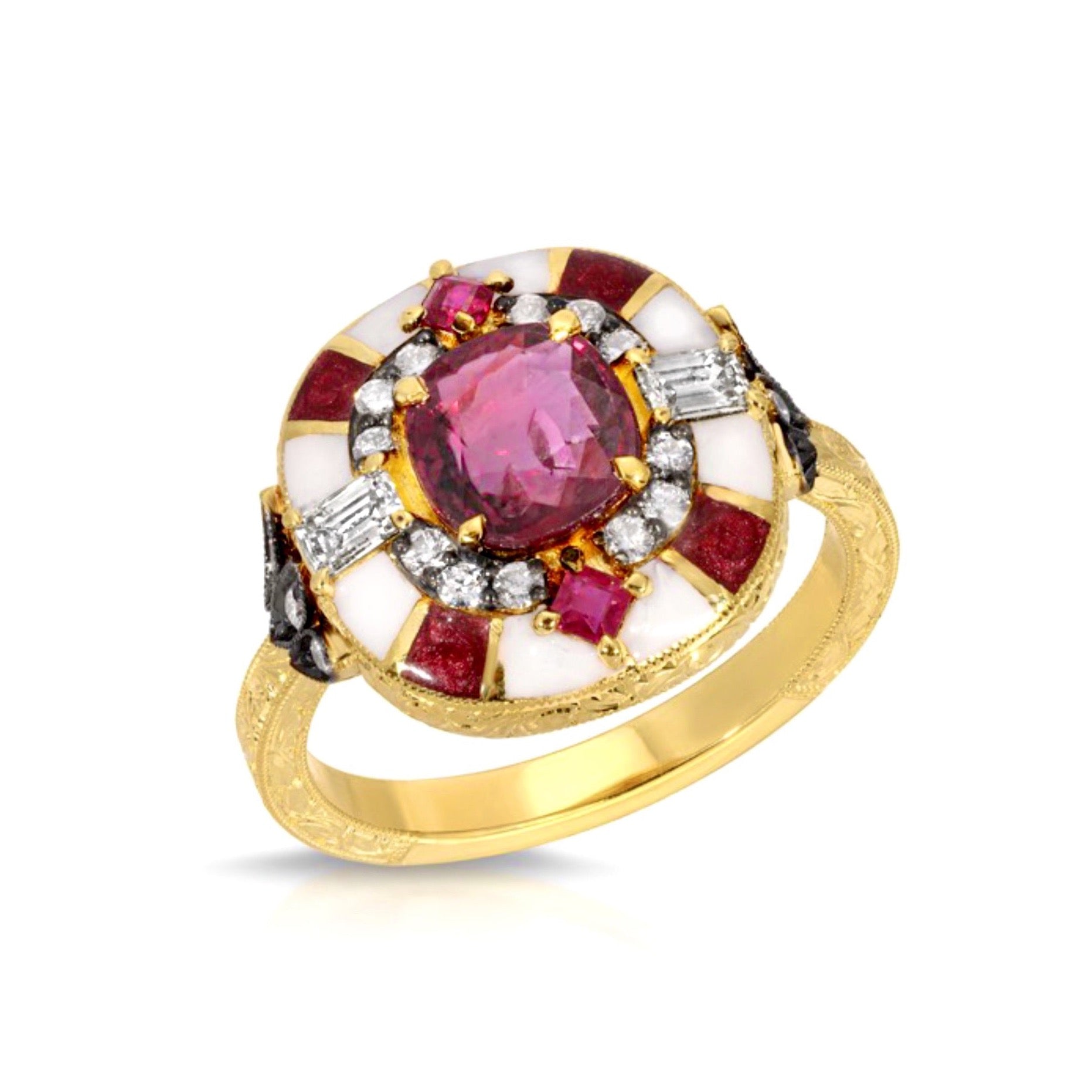 Ruby & Diamond Enamel Ring by Lord Jewelry available at Talisman Collection Fine Jewelers in El Dorado Hills, CA and online. Get ready to turn heads with our Ruby & Diamond Enamel Ring. This regal cocktail ring features a striking cushion-cut ruby in the center, surrounded by sparkling baguette diamonds and a touch of enamel, all set in 18k yellow gold. It's the perfect blend of sophistication and style, designed to make a statement without saying a word.