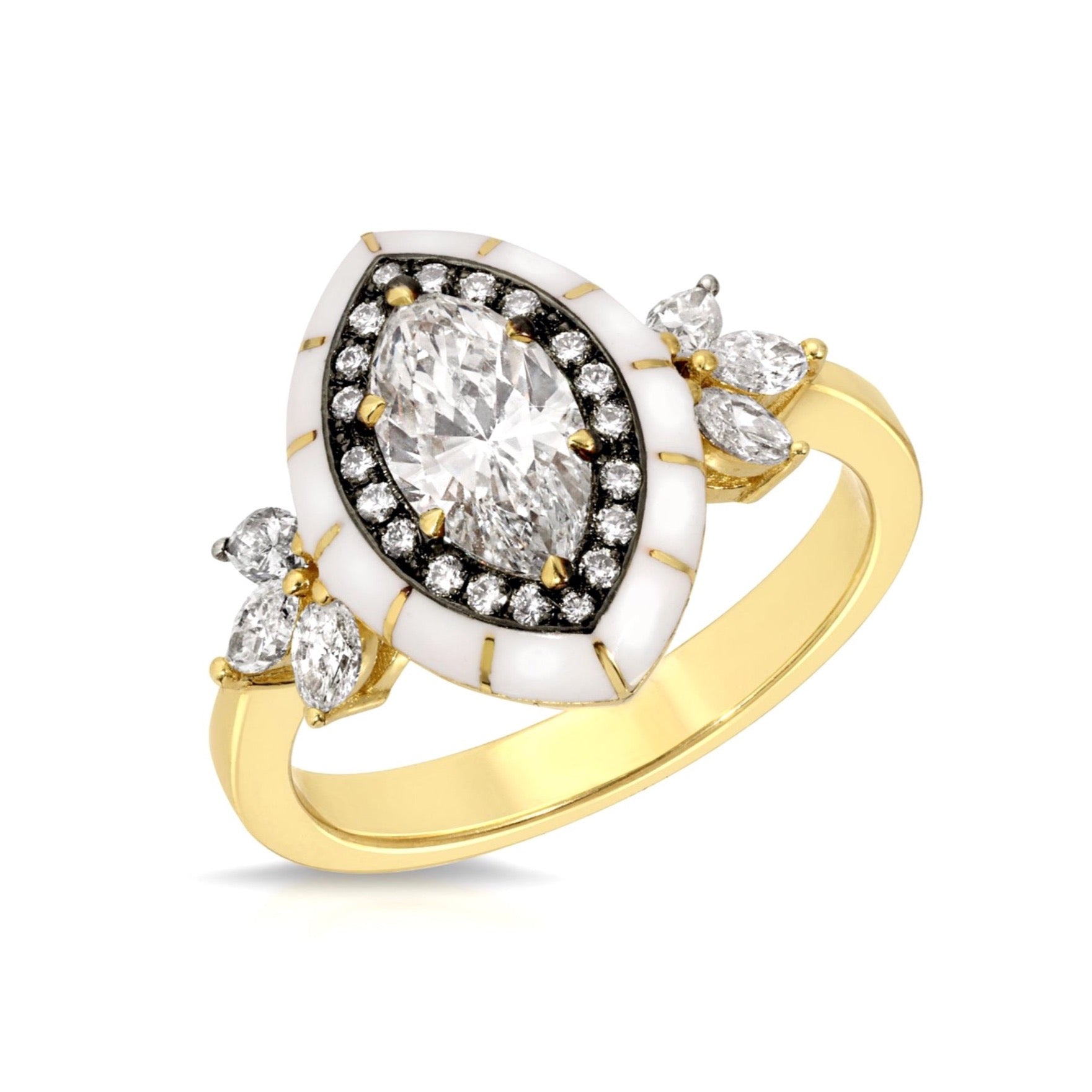 Marquee Diamond Enamel Ring by Lord Jewelry available at Talisman Collection Fine Jewelers in El Dorado Hills, CA and online. Perfect for making a statement or as a unique alternative engagement ring. Featuring a center marquee diamond weighing 1.04 cts, surrounded by halo diamonds totaling 0.10 cts and complemented by white enamel detailing, all set in 18k gold. The side marquee diamonds add an additional touch of sparkle, with a total weight of 0.39 ct..