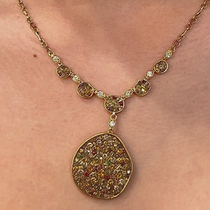 Cinnamon Pebble Drop Diamond Necklace by Pleve available at Talisman Collection Fine Jewelers in El Dorado Hills, CA and online. Specs: 18k yellow gold; color enhanced diamonds 7.15 cts. 