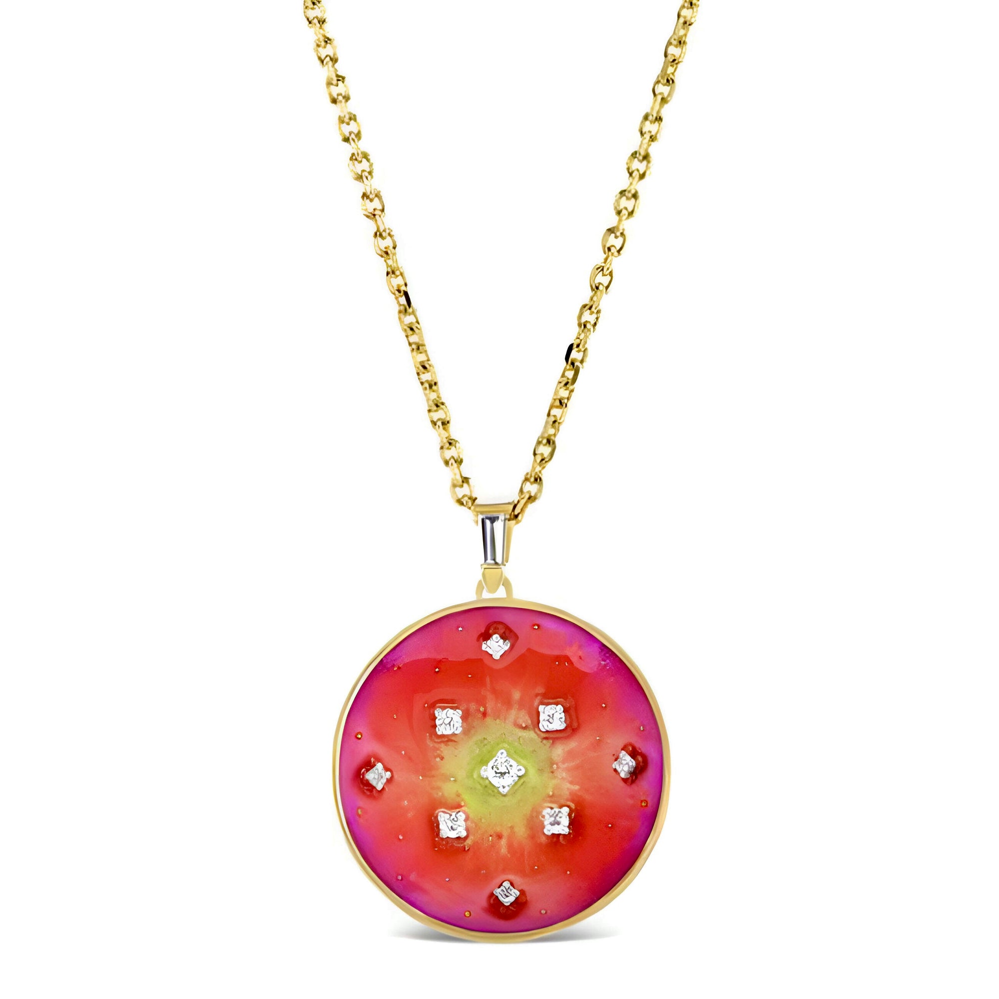 Luxe Sunset Enamel Pendant Necklace by Meredith Young available at Talisman Collection Fine Jewelers in El Dorado Hills, CA and online. This pendant's enamel work evokes the vibrant hues of a setting sun, providing a colorful backdrop for .2 cts of diamonds that twinkle like stars emerging in the evening sky. Meticulously designed, this 18k gold pendant radiates a warm and positive energy, reminiscent of a serene sunset's beauty.