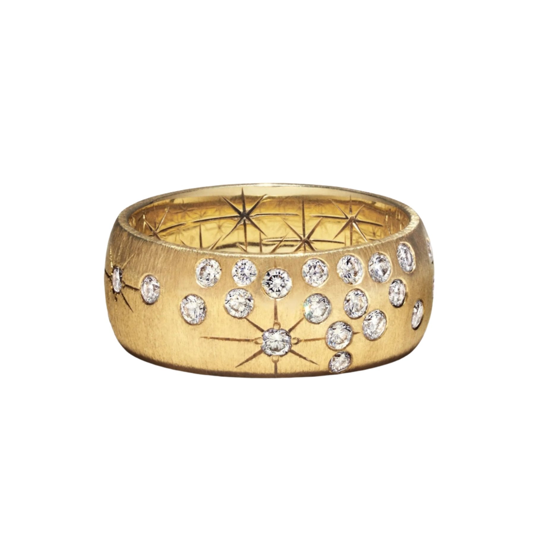 Wide Diamond Galaxy Band available at Talisman Collection Fine Jewelers in El Dorado Hills, CA and online. The Wide Galaxy Band evokes the beauty of the night sky in a stunning gold ring. It's crafted with 18k yellow gold and encrusted with a total 1.09 cts of round brilliant diamonds to resemble a scatter of stars. This ring set strikes the perfect balance of minimalism and opulence.
