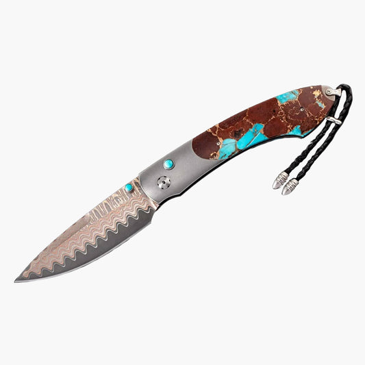 Titanium/Steel 'Hot Lava' Copper/Turquoise Damascus 3.06" pocket knife by William Henry available at Talisman Collection Fine Jewelers in El Dorado Hills, CA and online
