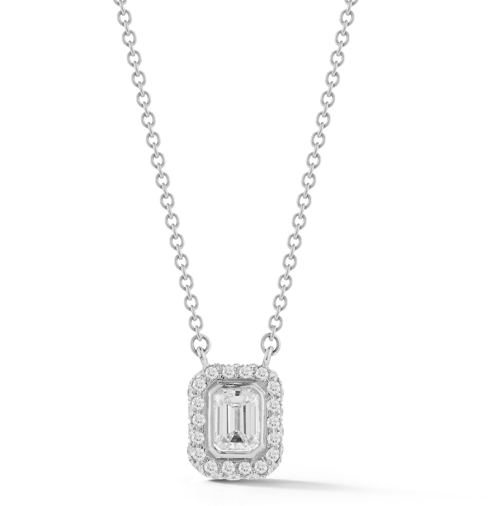 Diamond Halo Necklace, White Gold Emerald Cut - Talisman Collection Fine Jewelers